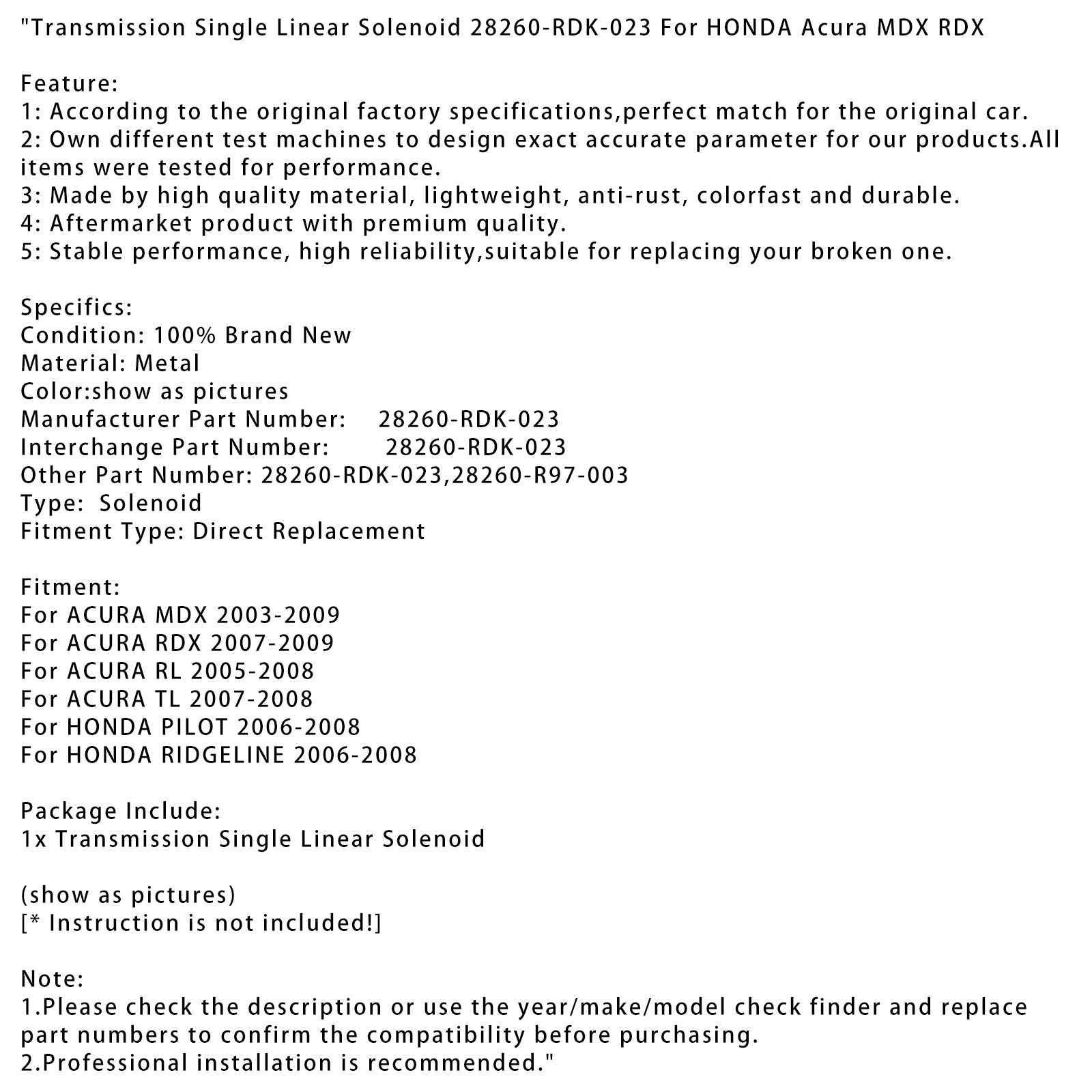 2007-2008 ACURA TL Solenóide linear único 28260-rdk-023 28260-r97-003
