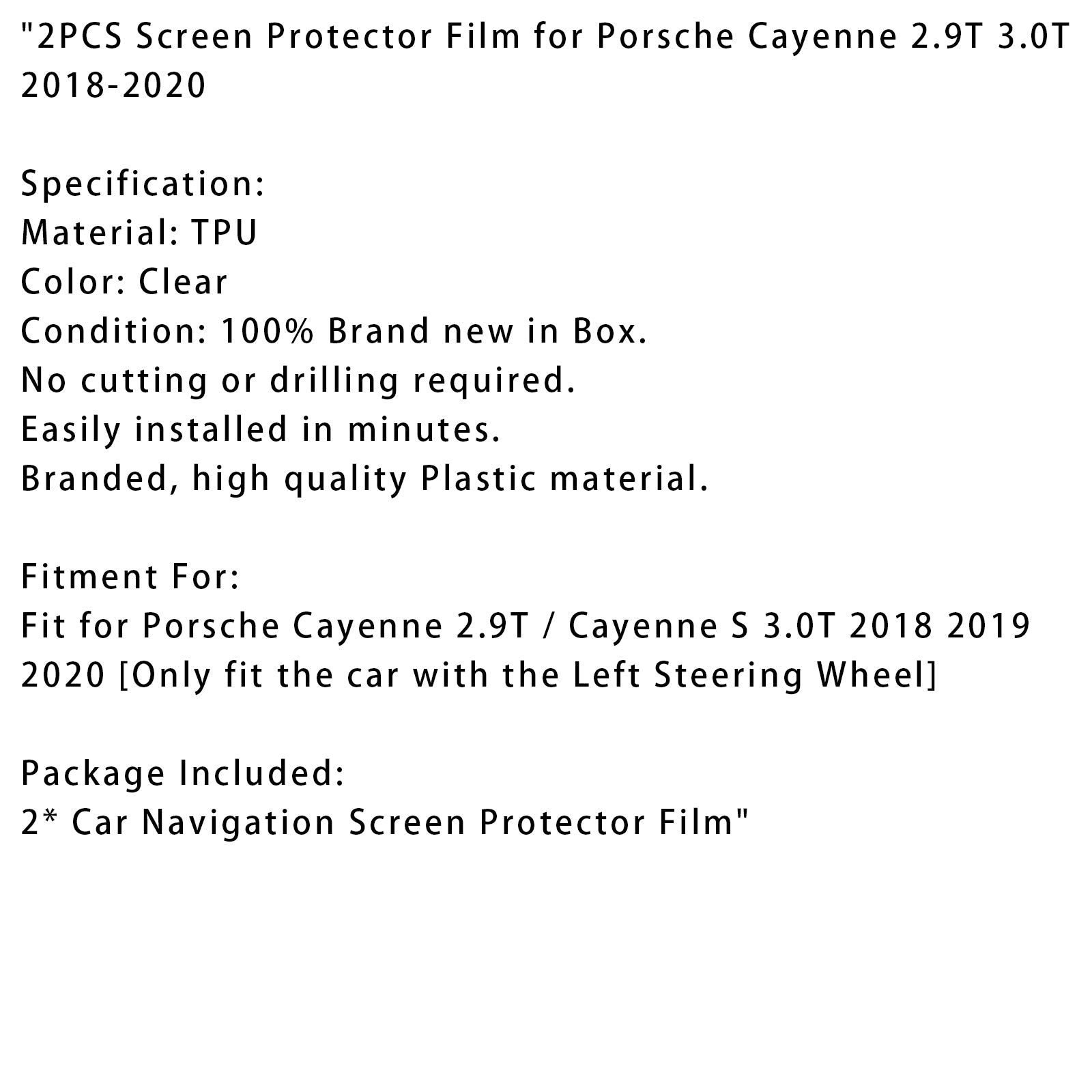 2018-2020 Porsche Cayenne 2.9T 3.0T 2PCS Film de protection d'écran TPU de navigation