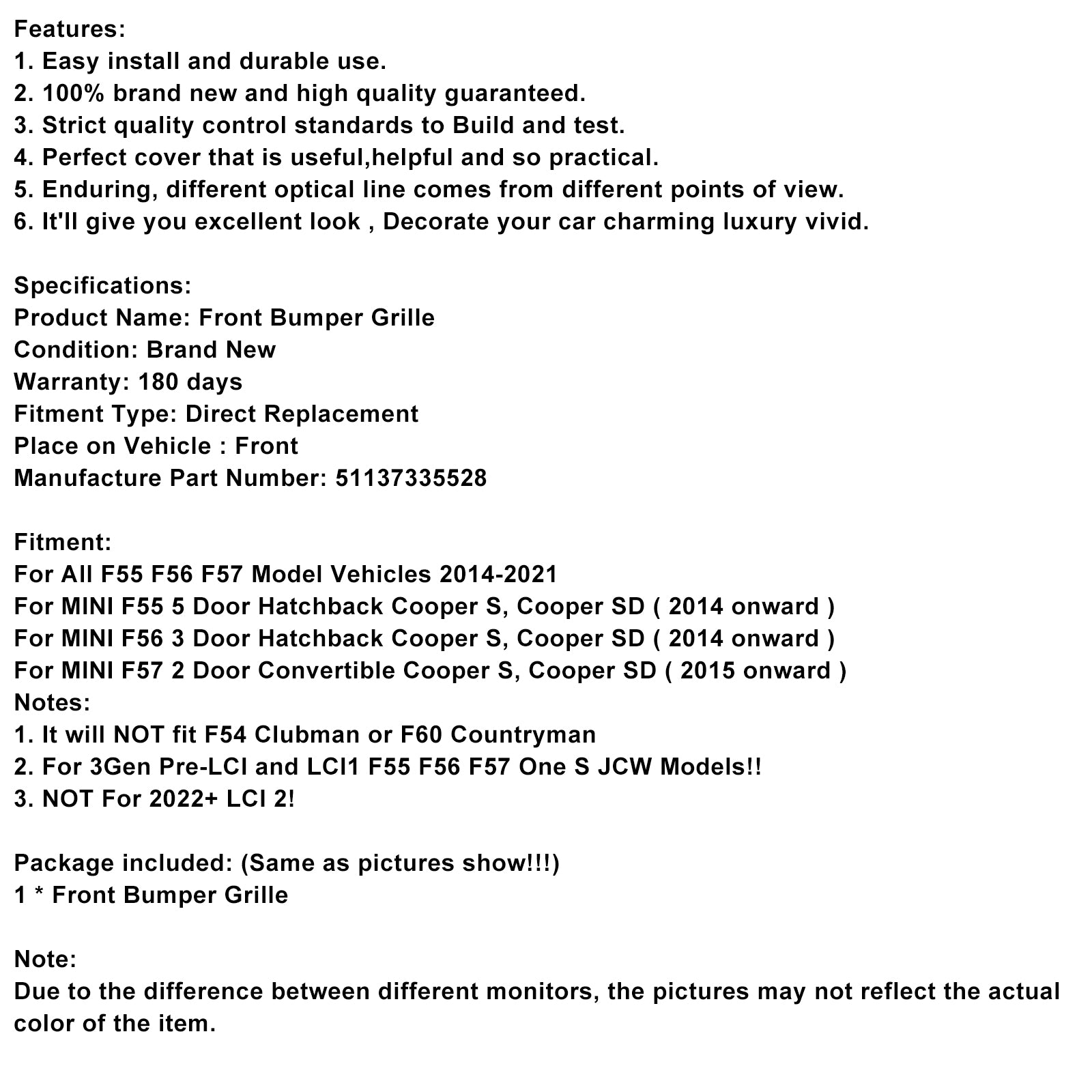 2014-2021 Mini Cooper F55 F56 F57 Zwart Mesh Grille Grill 51137335528