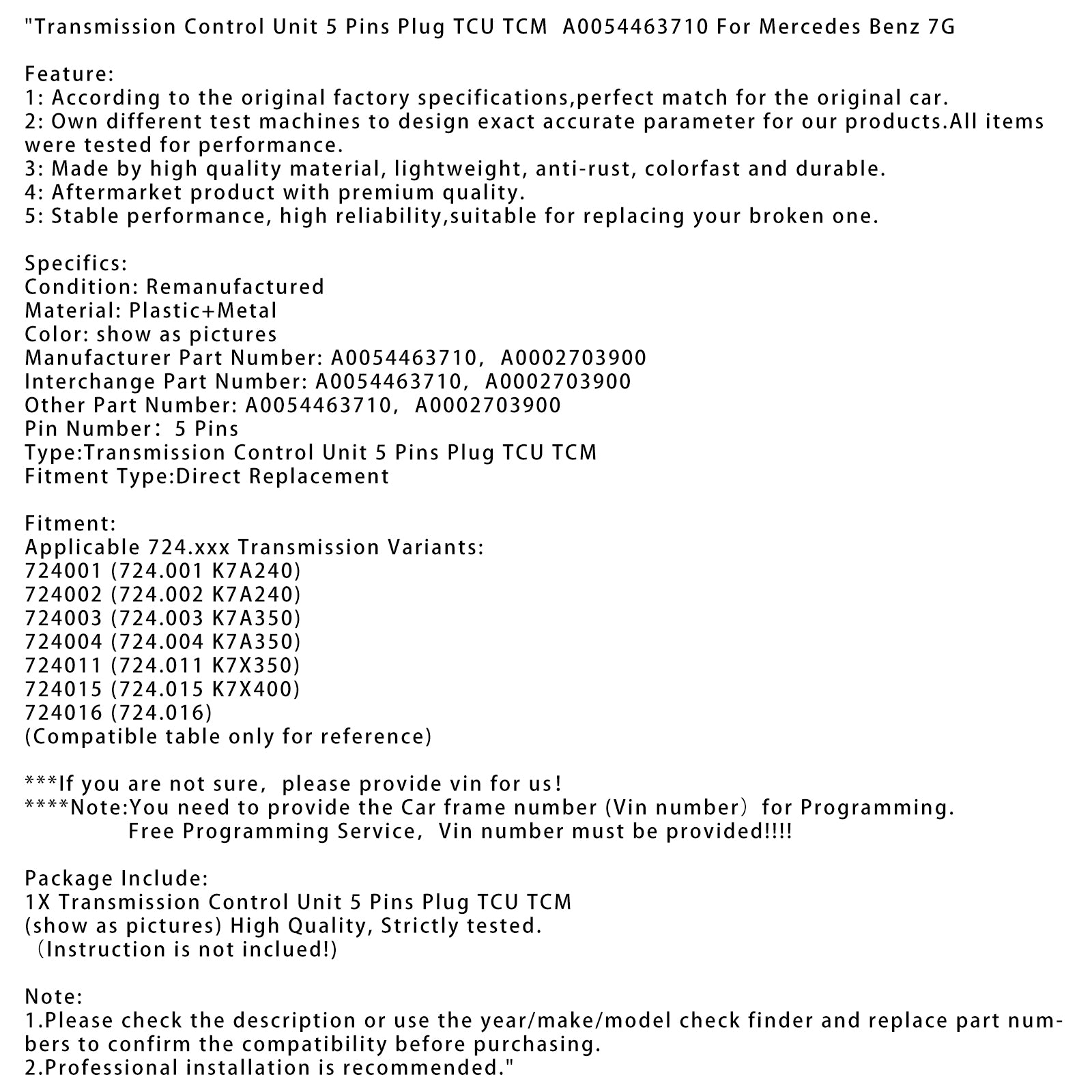 Mercedes Benz 7G transmissieregeleenheid 5-pins stekker TCU TCM A0054463710