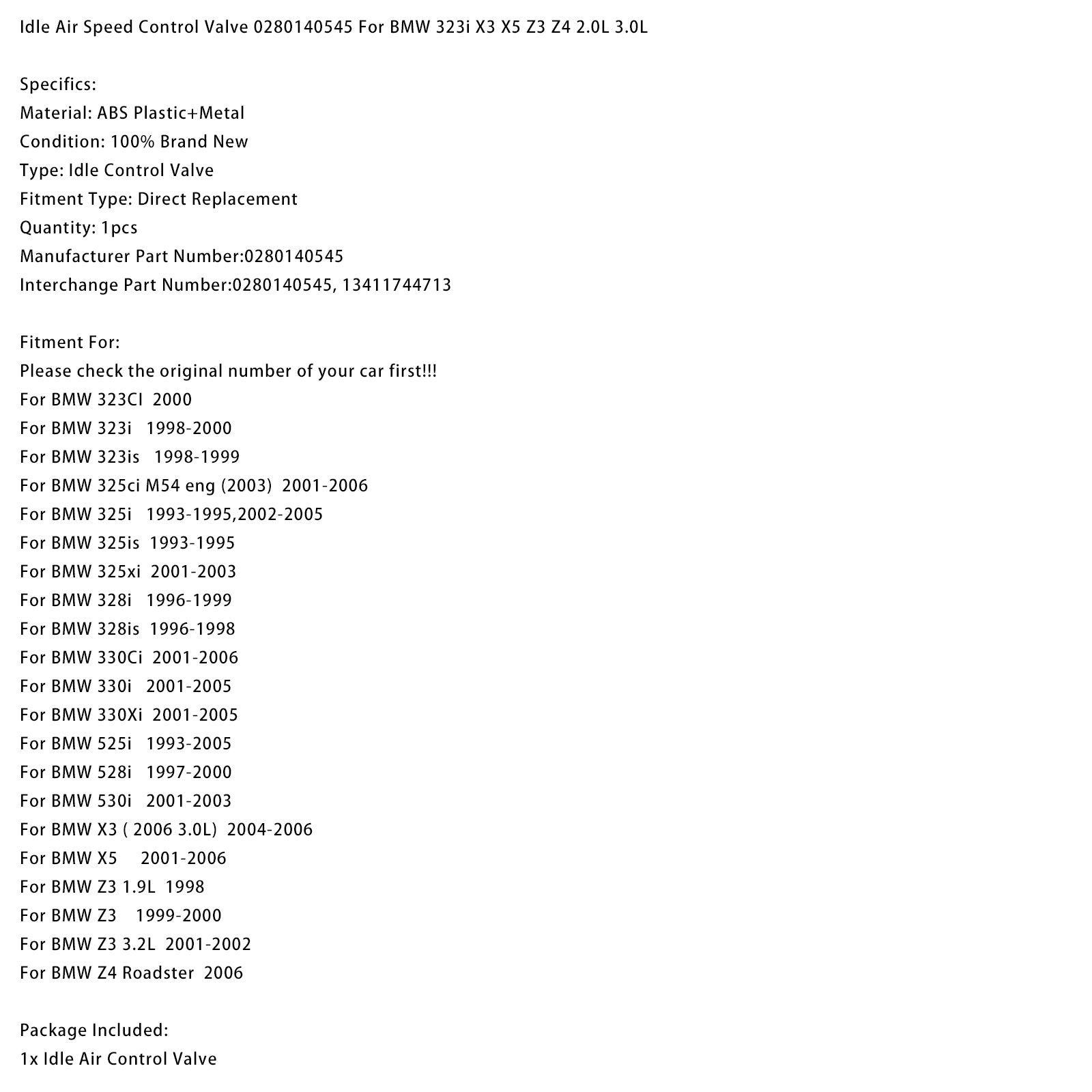 Idle Air Speed Control Valve 0280140545 For BMW 323i X3 X5 Z3 Z4 2.0L 3.0L