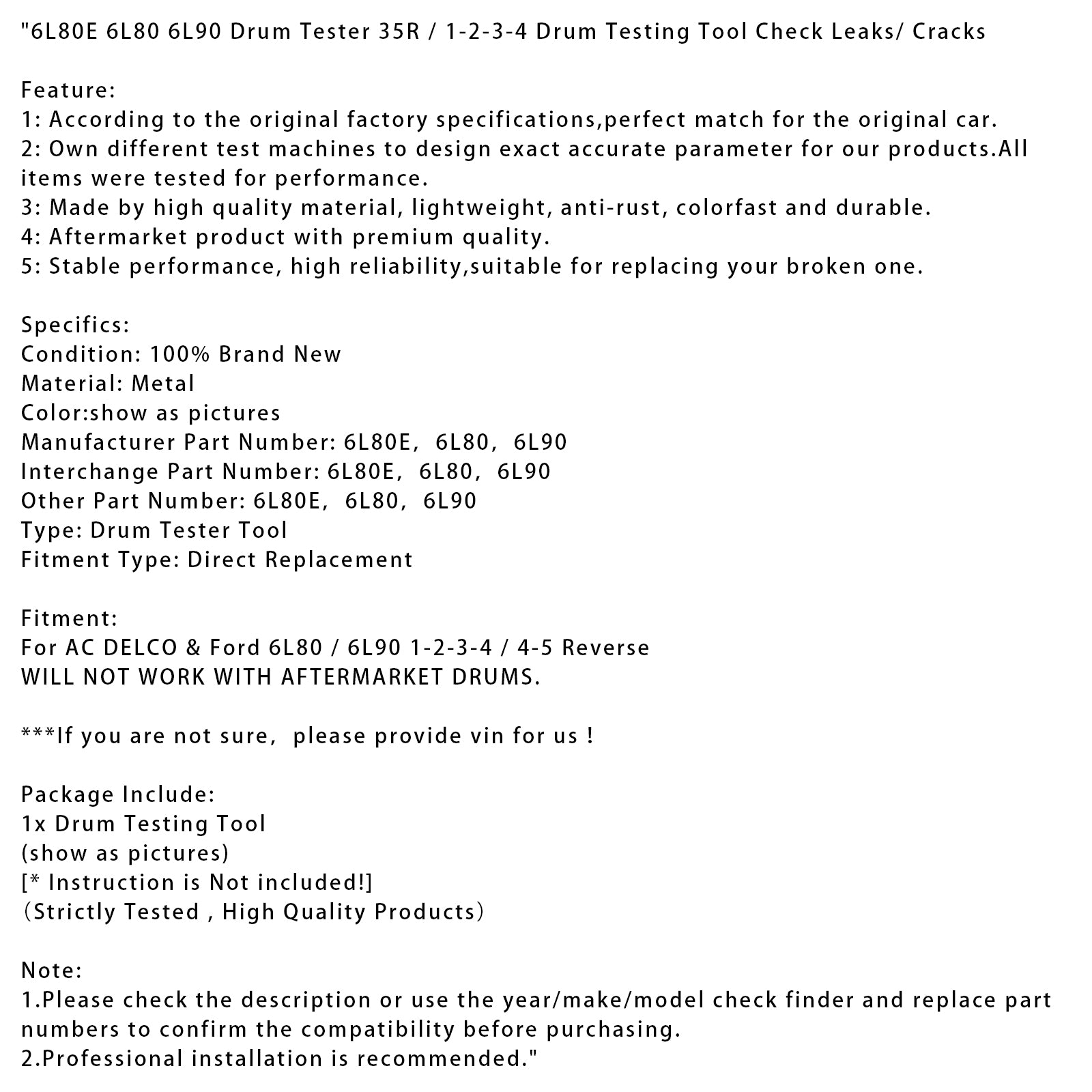6L80E 6L80 6L90 Drum Tester 35R / 1-2-3-4 Drum Testing Tool Check Leaks/ Cracks