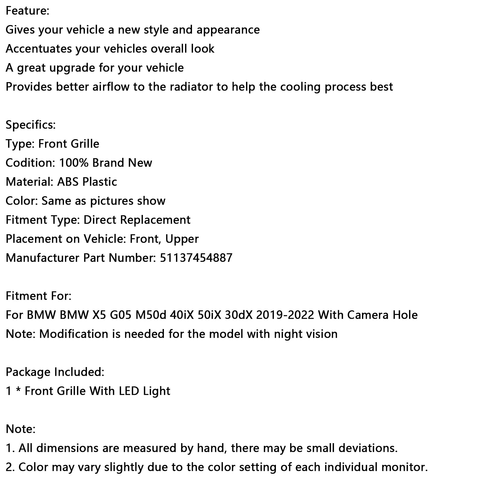 2019-2022 BMW X5 G05 M-Performance Rejilla delantera negra de doble listón 51137454887