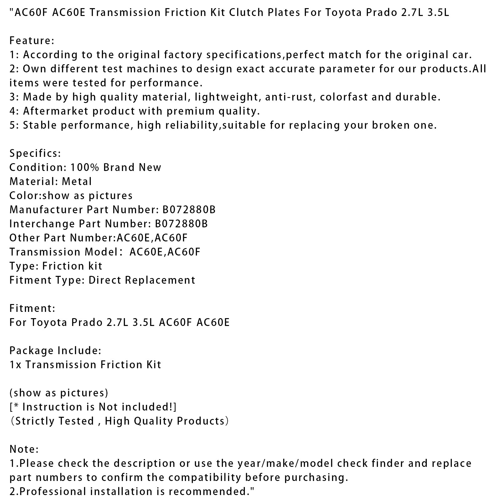 Toyota Prado 2.7L 3.5L Transmission Friction Kit Clutch Plates AC60F AC60E