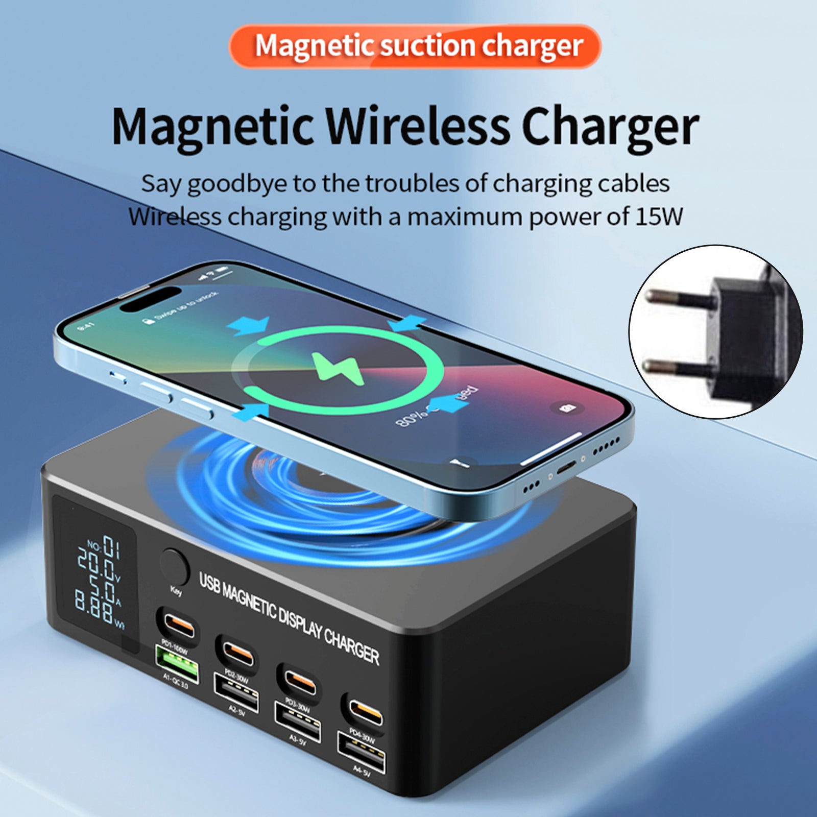140W Fast ladelader Intelligent Digital Display PD100W Mobiltelefon Notatbok Magnetisk trådløs lading Multi-Port USB Charger EU Plug