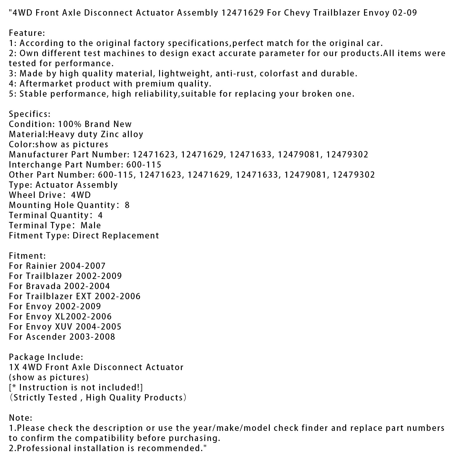 2002-2006 Envoy XL 4WD Front Axle Disconnect Actuator Assembly 12471629