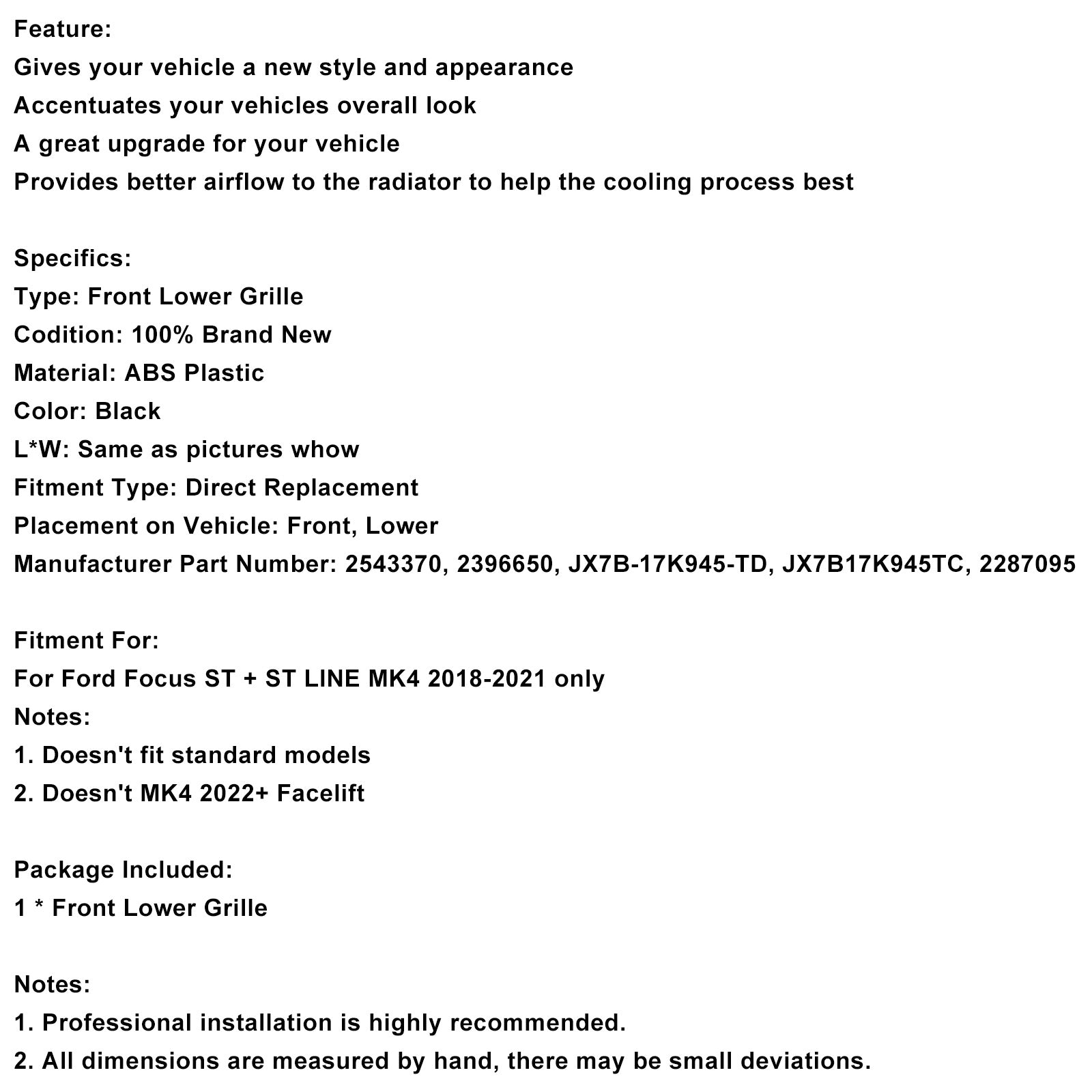 2018-2021 Ford Focus MK4 ST Calandre inférieure de pare-chocs avant JX7B-17K945-TD 2543370