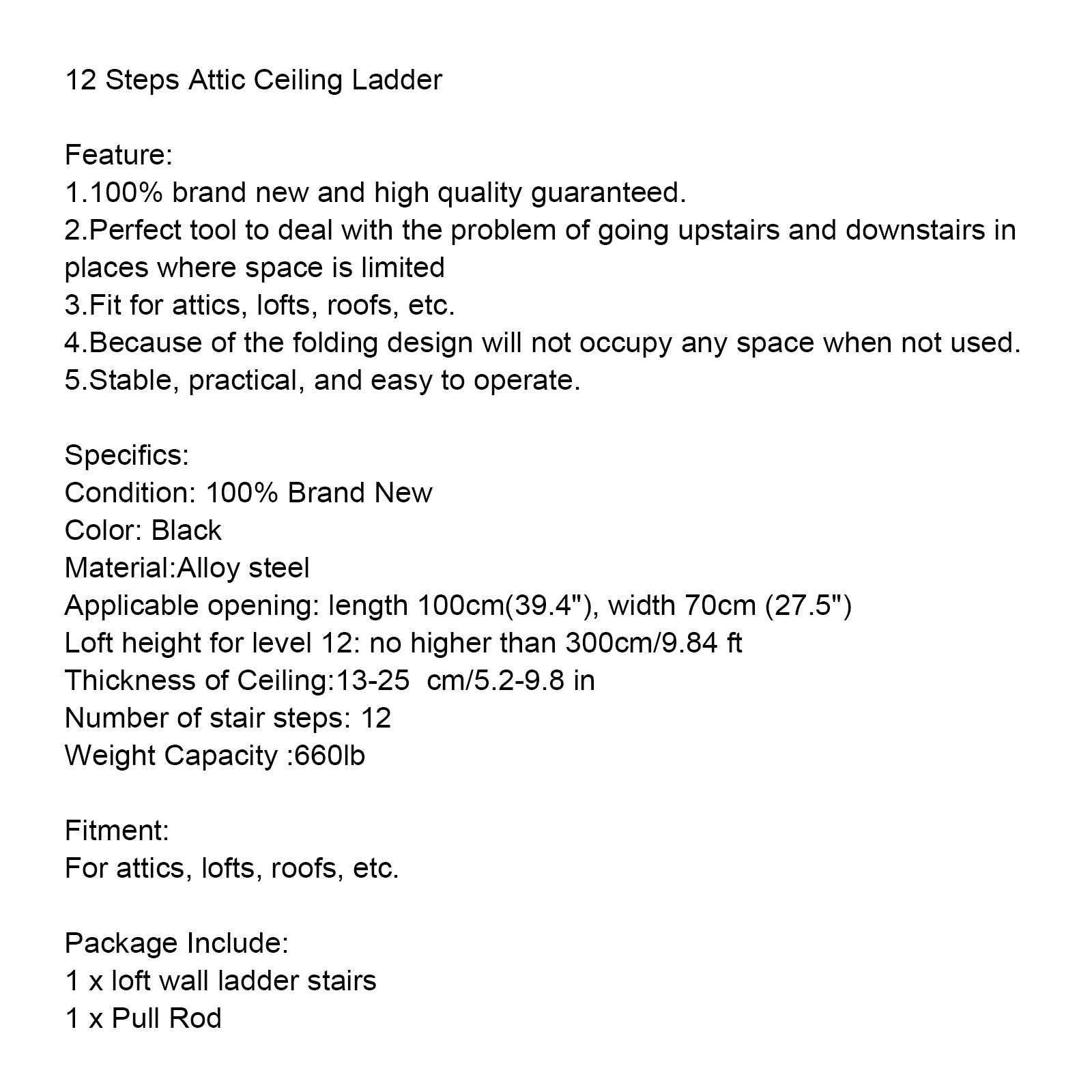 12 Steps Black Loft Wall Folding Pulldown Attic Ceiling Ladder Stairs 39.4*27.6"