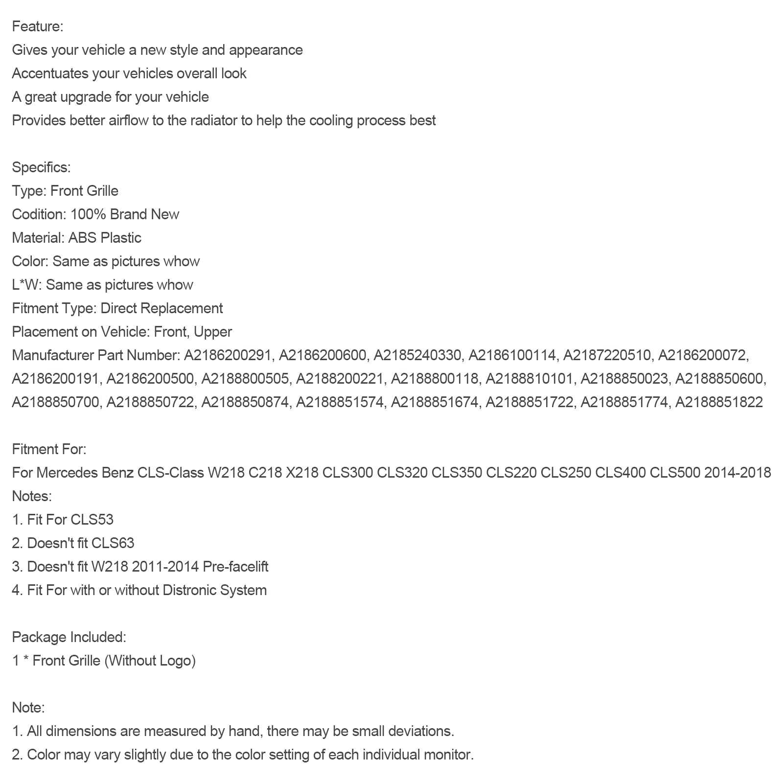 Mercedes Benz triedy CLS 2015 – 2018 W218 Mriežka predného nárazníka CLS350 A2186200291