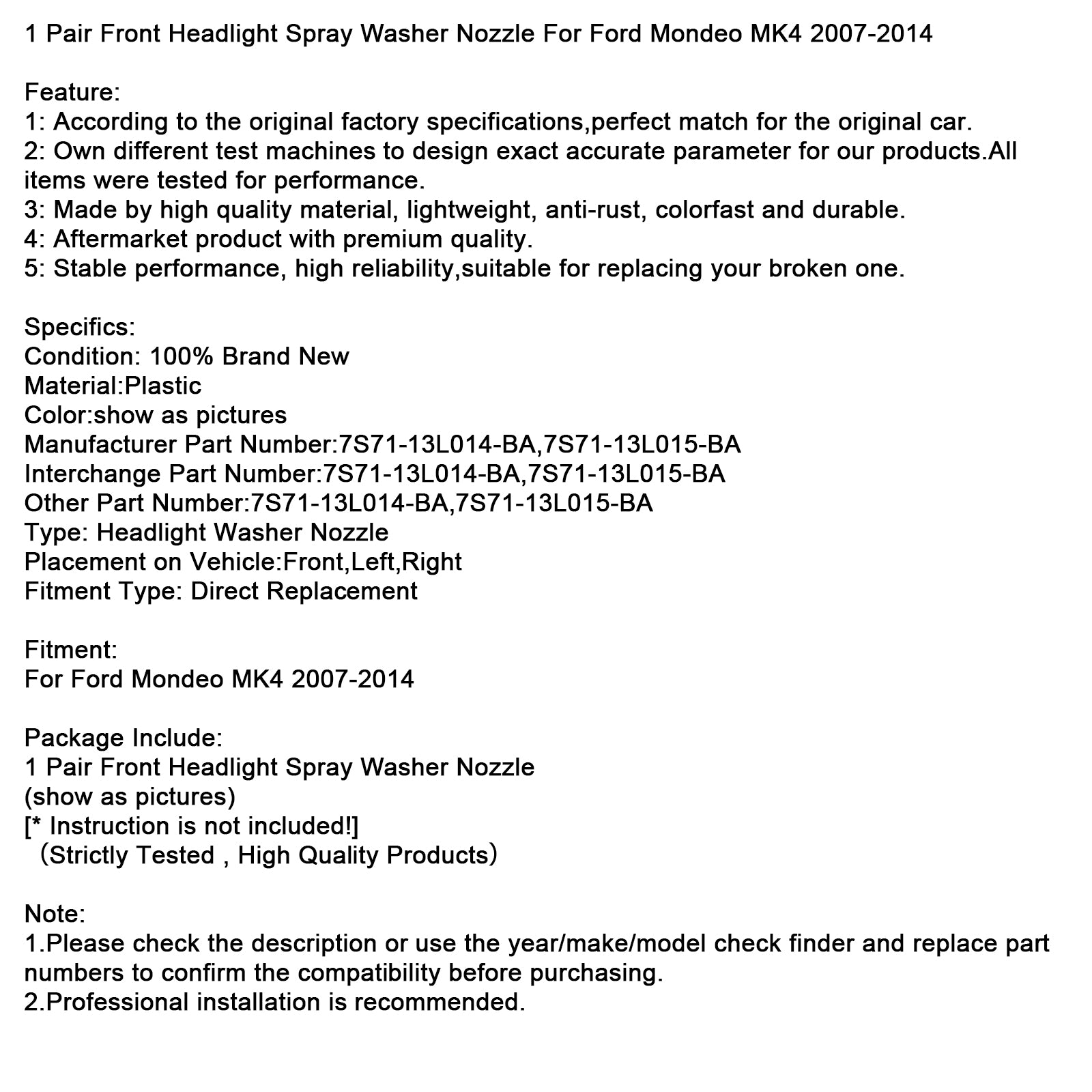 1 par de boquillas de arandela de pulverización para faros delanteros para Ford Mondeo MK4 2007-2014