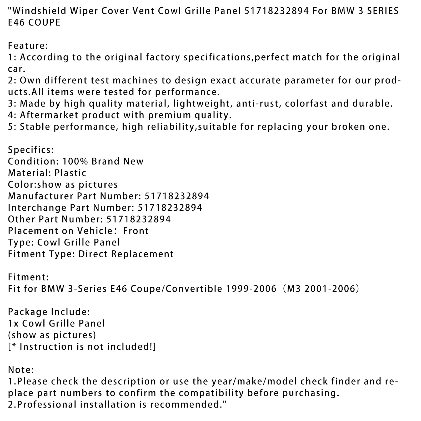 2001-2006 BMW 3 Series E46 Coupe Wiper Cover Cover Vent Cowl Grille Panel 51718232894