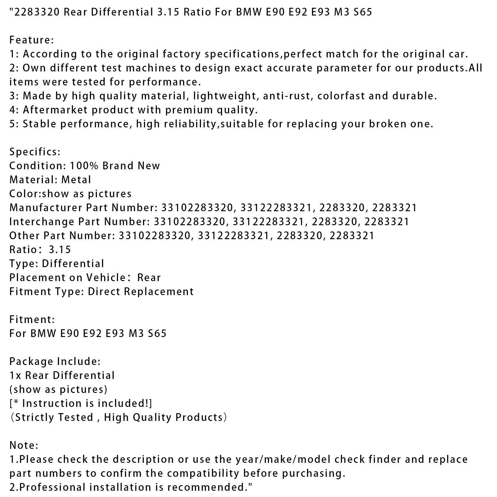 BMW E90 E92 E93 M3 S65 Bakre differential 3,15 Ratio 2283320