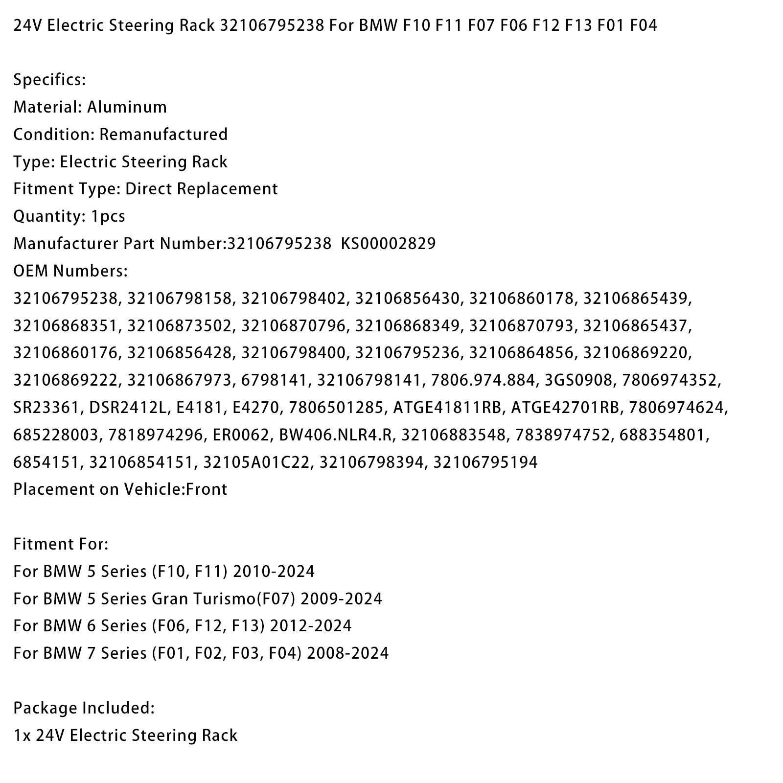 2010-2024 BMW 5 Series (F10, F11) 24V Electric Steering Rack 32106795238 32106798402