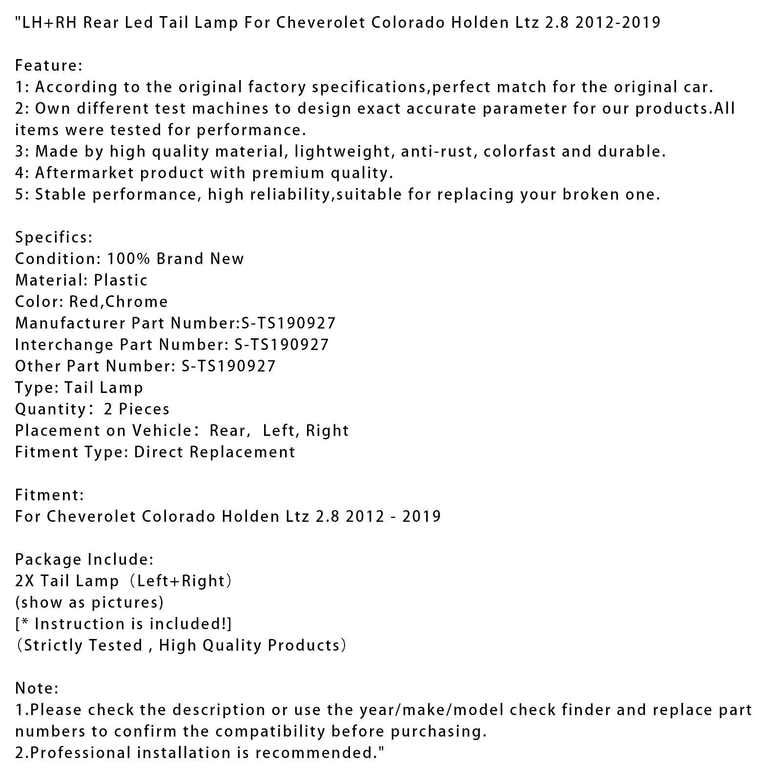 2012-2019 Chevrolet Colorado Holden LTZ 2,8 LH+RH bak LED baklampe