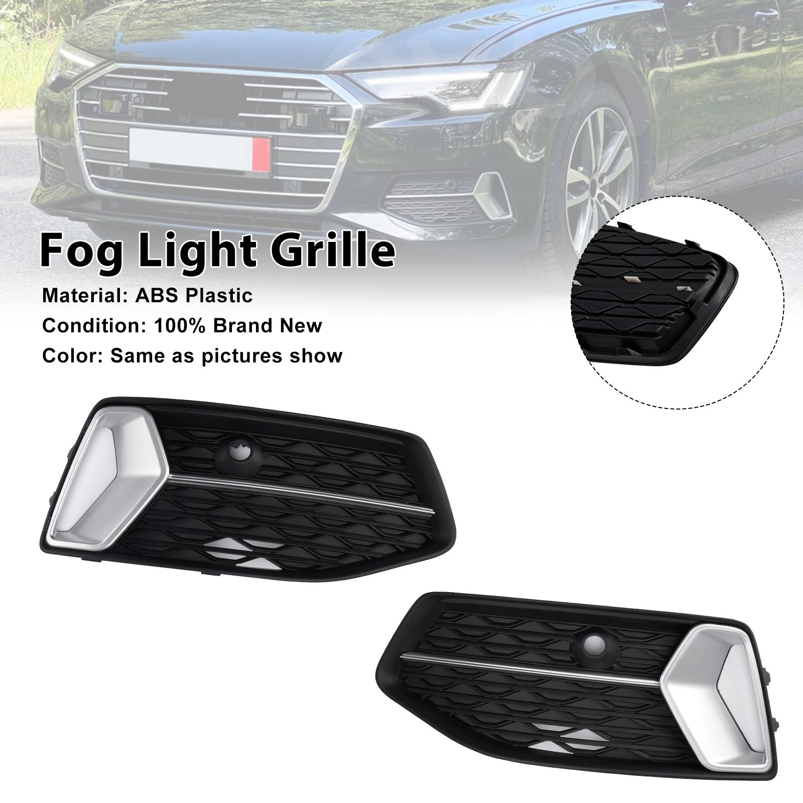 2PCS Front Bumper Grille Grill Fog Light Cover Fit Audi A6 C8 2019-2023