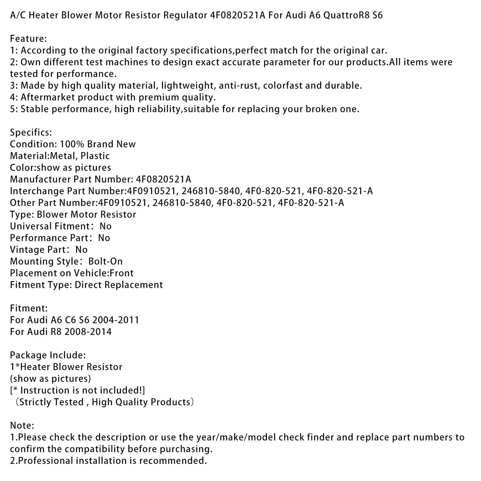 A/C Heater Blower Motor Weerstand Regulator 4F0820521A Voor Audi A6 Quattro R8 S6