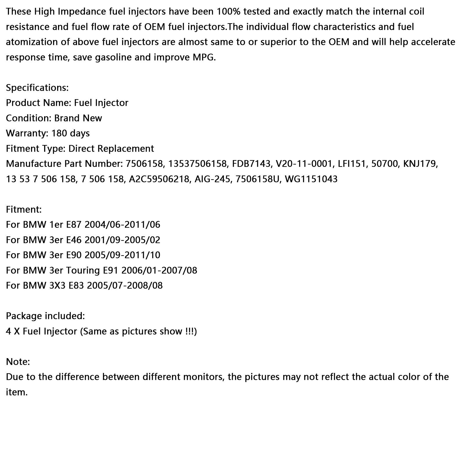 4PCS Fuel Injector 13537506158 Fit BMW 116i 120i 316i 318i 320i X3 Z4 7506158