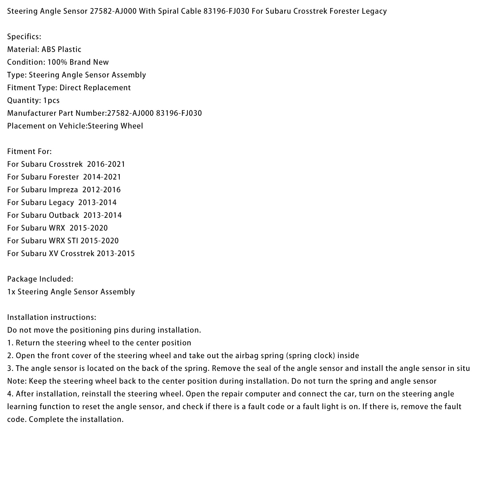 2016-2021 Subaru Crosstrek Steering Angle Sensor With Spiral Cable 83196-FJ030 27582-AJ000
