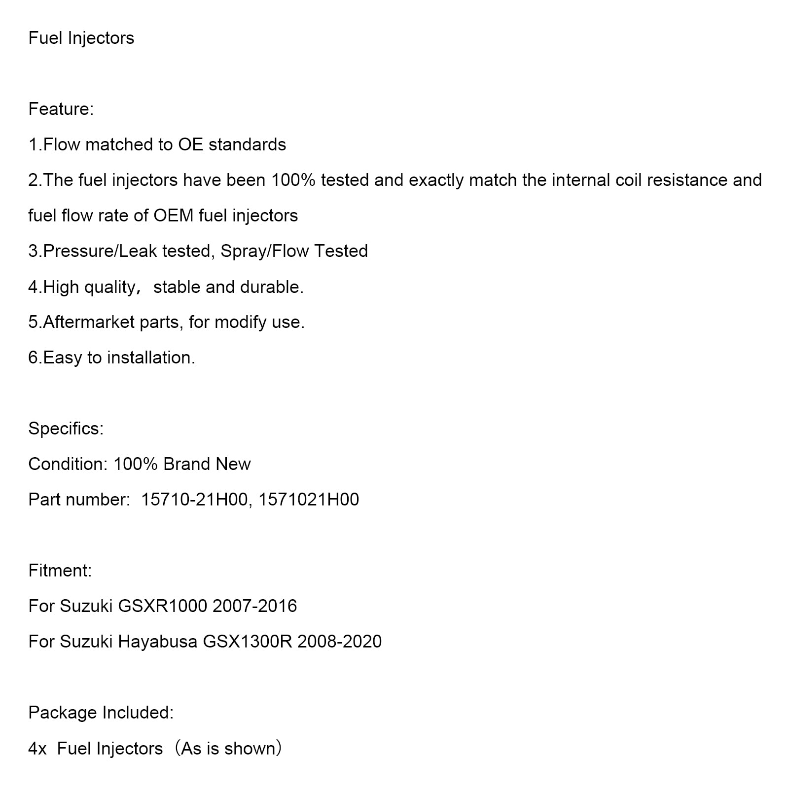 2007-2016 Suzuki GSXR1000 4PCS Injecteurs de carburant 1571021H00 15710-21H00