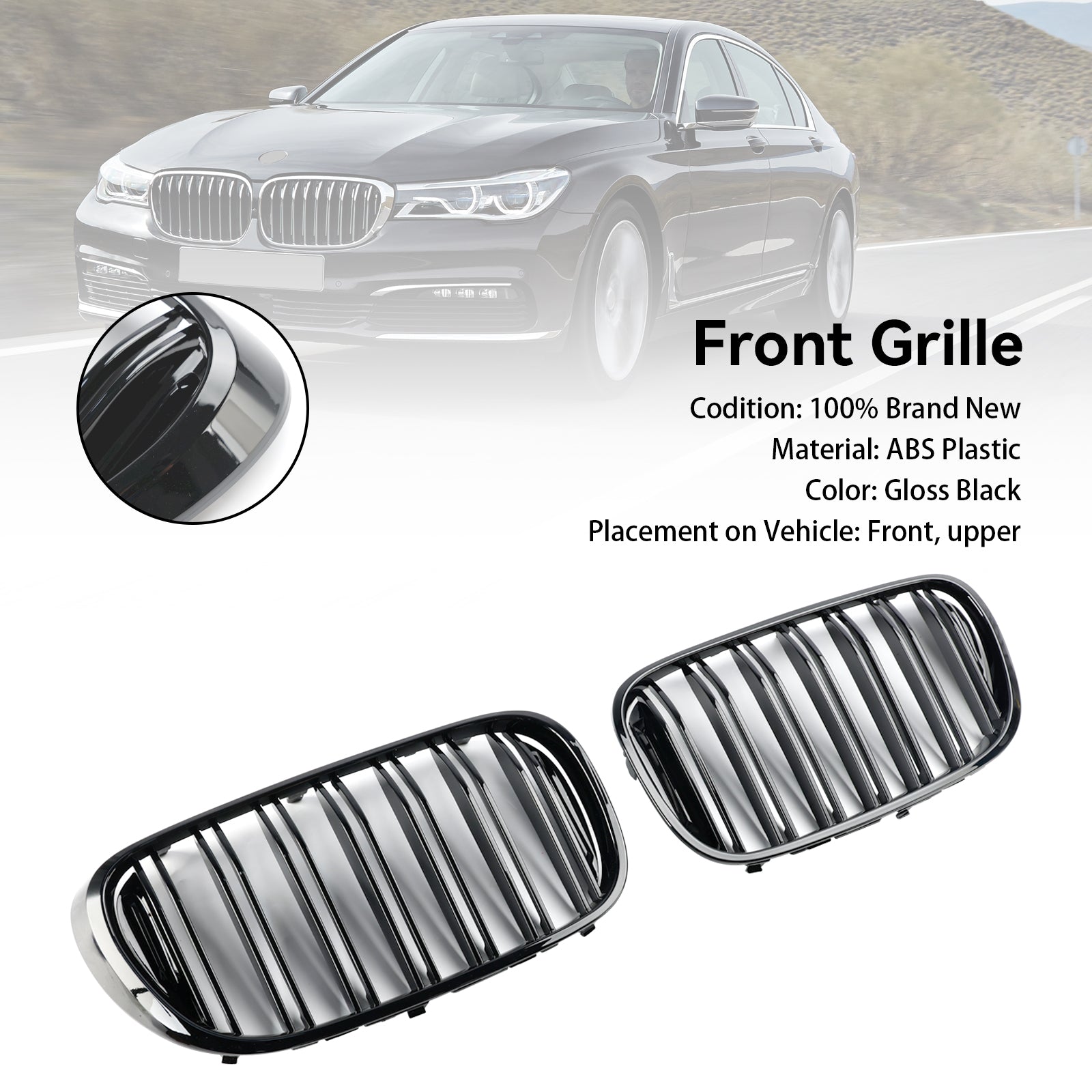 07.2015-01.2019 BMW 7-serie G11 Langhjulsbase Pre-Facelift Black 2 Slat Front Kidney Grill Grille