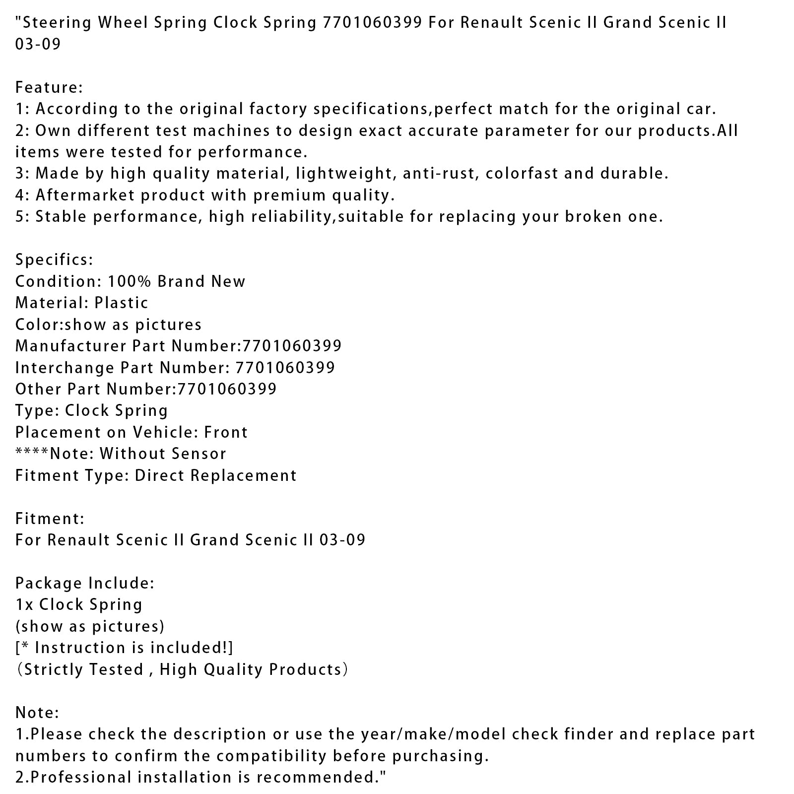 2003-2009 Renault Scenic II Grand Scenic II Corloge de printemps printemps 7701060399