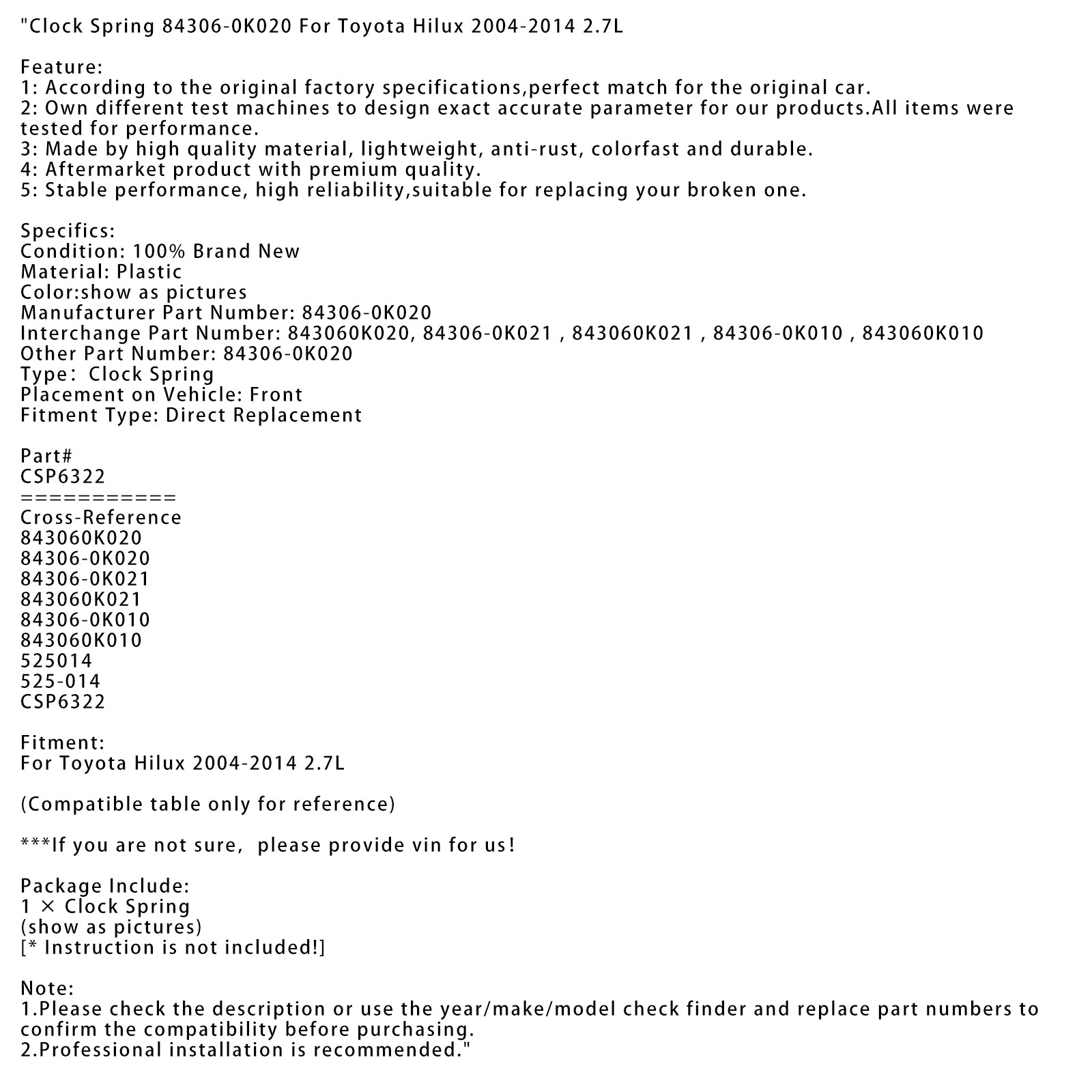 2004-2014 Toyota Hilux 2.7L klokveer 84306-0K020