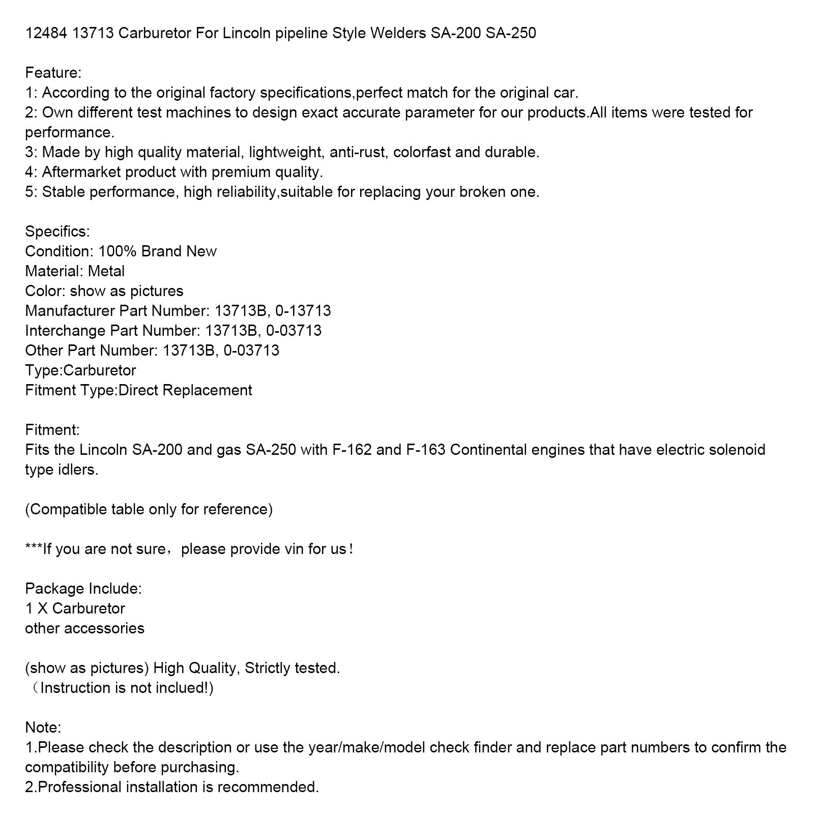 12484 13713 Förgasare för Lincoln Pipeline-svetsare SA-200 SA-2150