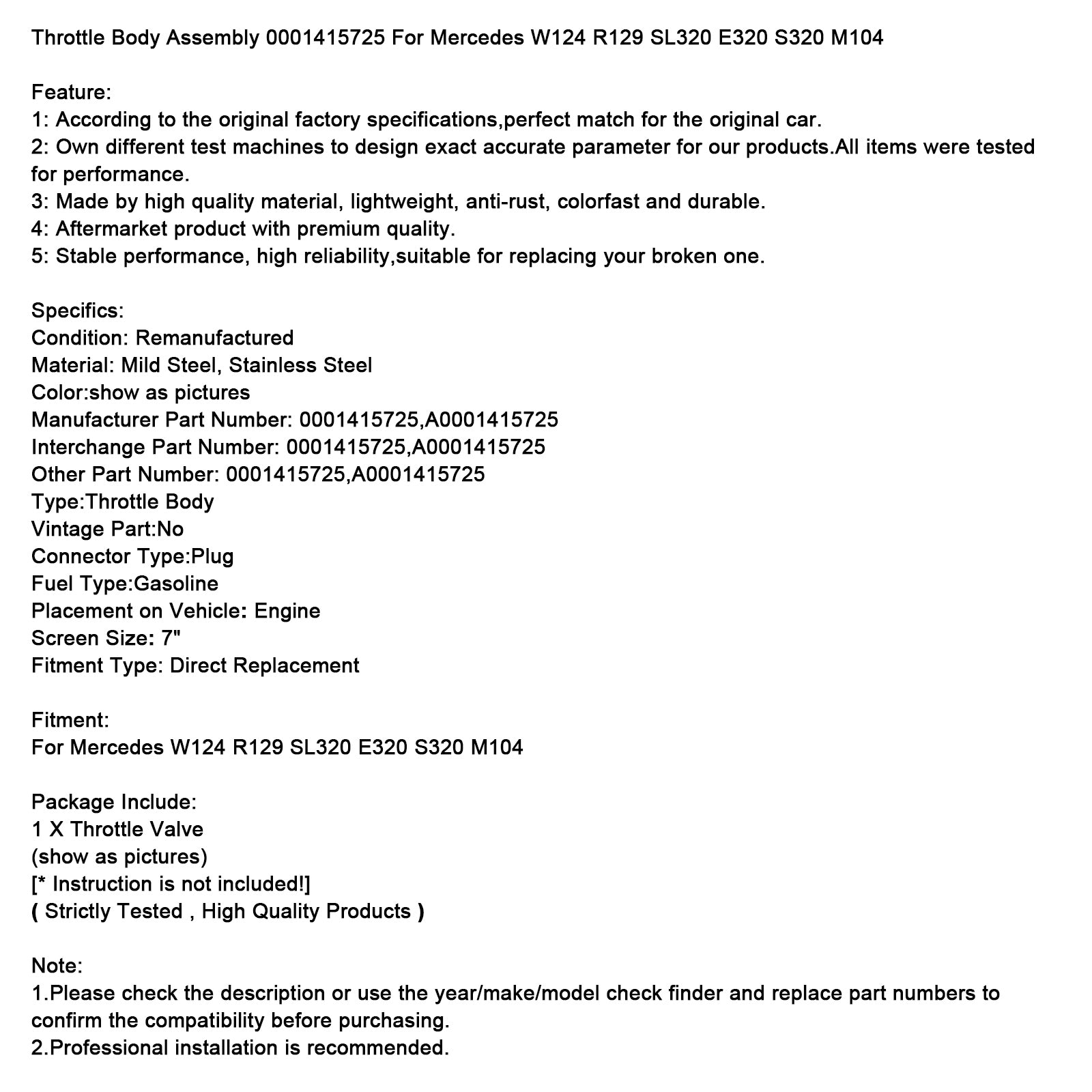 Mercedes W124 Conjunto do corpo do acelerador R129 SL320 E320 S320 M104 0001415725