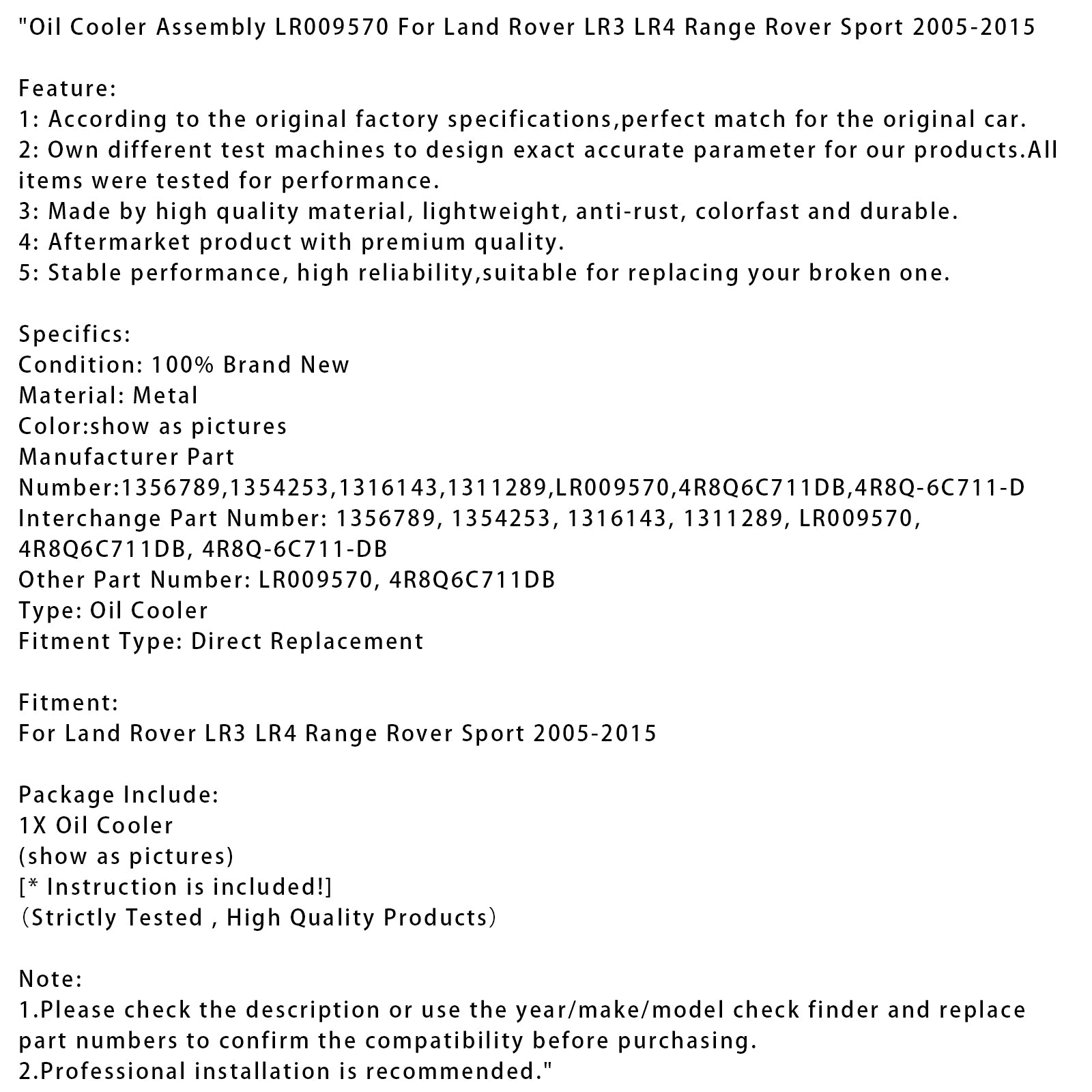 2005-2015 Land Rover LR3 LR4 Range Rover Sport Oil Cooler Assembly LR009570 1356789 1354253