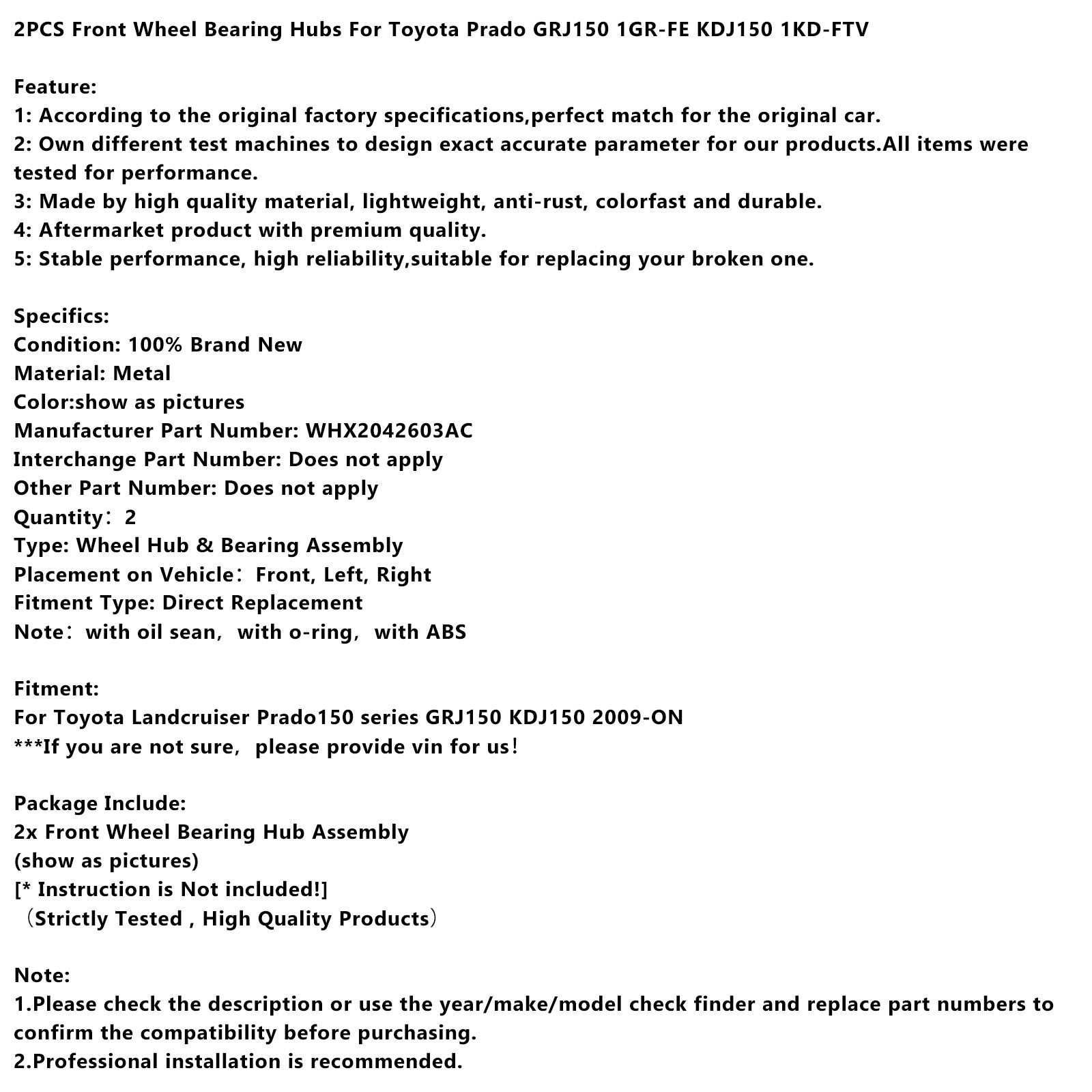 2009-ON Toyota Landcruiser Prado150 series 2PCS Front Wheel Bearing Hubs GRJ150 1GR-FE KDJ150 1KD-FTV