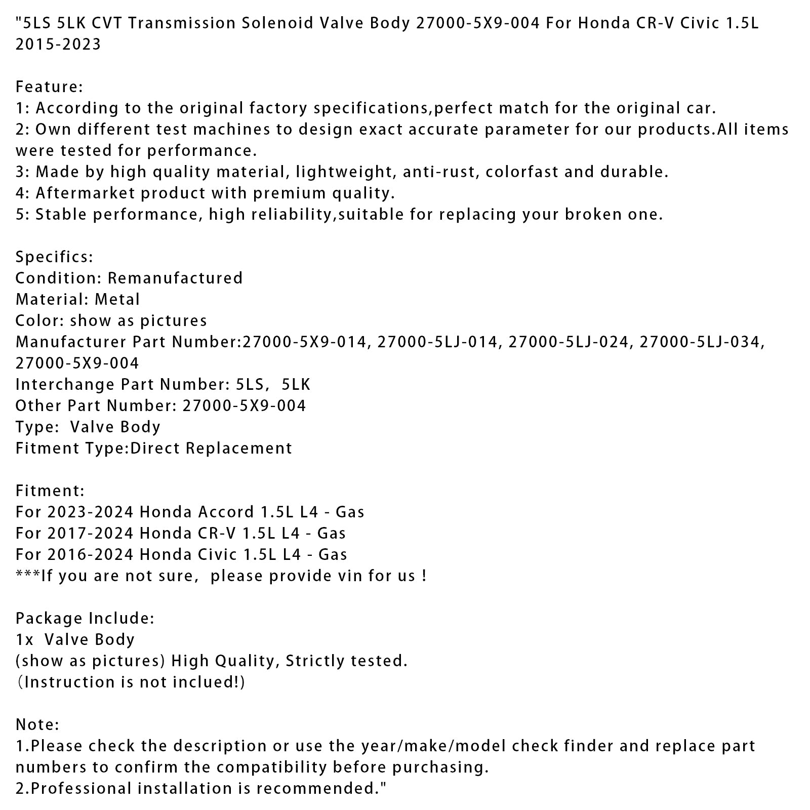 5LS 5LK CVT Transmission Solenoid Valve Body For Honda CR-V Civic 1.5L 2015-2023