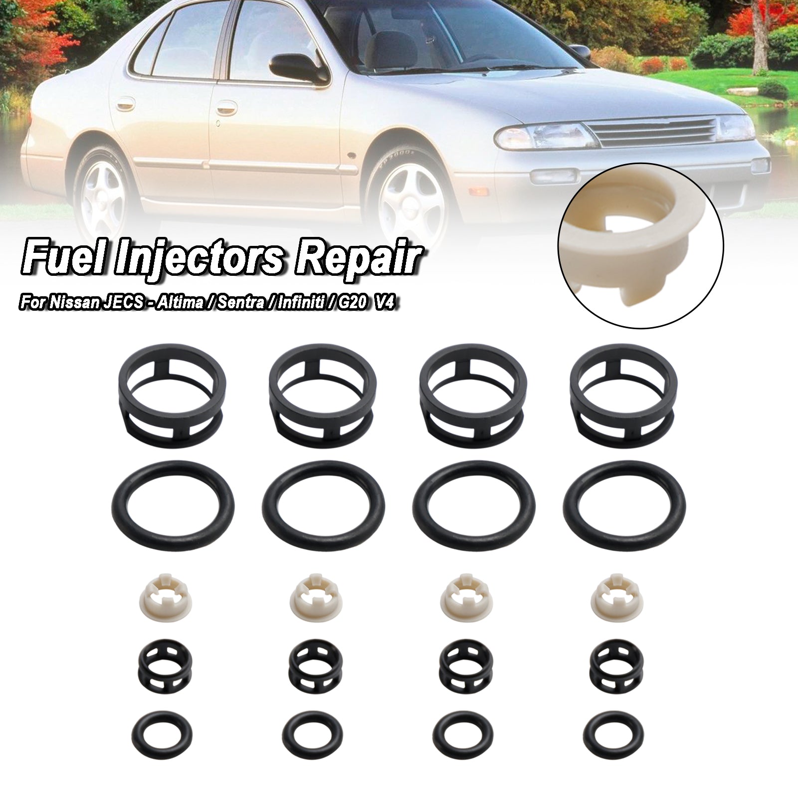 NISSAN JECS - Altima/Sentra/Infiniti/G20 V4 4st Sidmatningsbränsle Injektor Reparationssatsfilter Tätningar O -ringar Pintle Caps