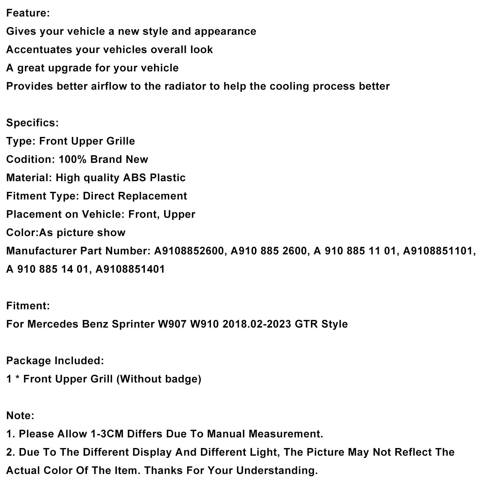Mercedes Sprinter 2018-2023 W907 W910 Grille de pare-chocs avant de style GTR A9108852600