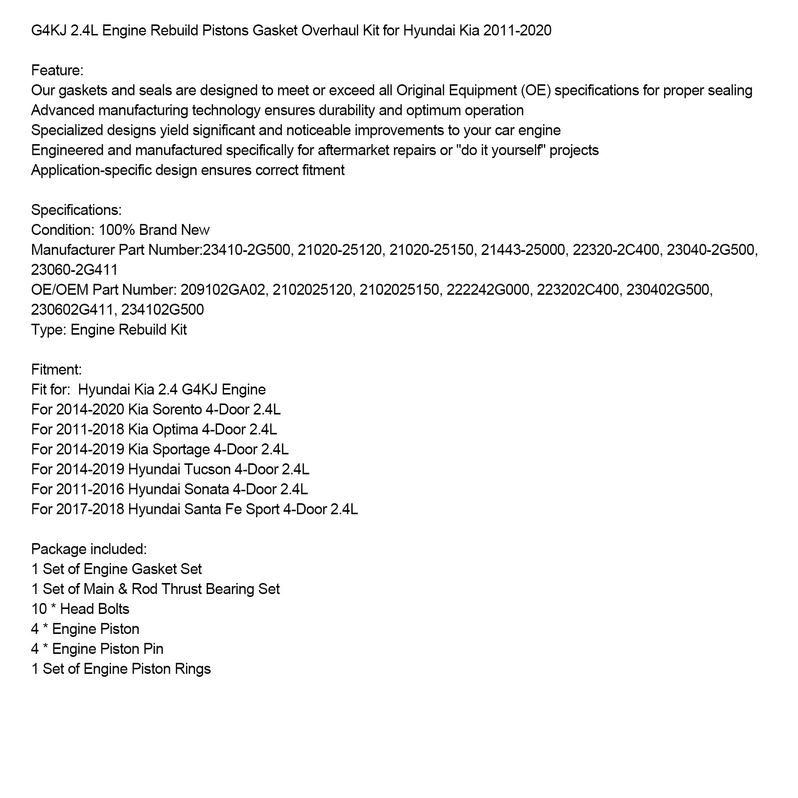 Kit de reparación de juntas de pistones de reconstrucción de motor Hyundai Kia G4KJ 2.4L 2011-2020