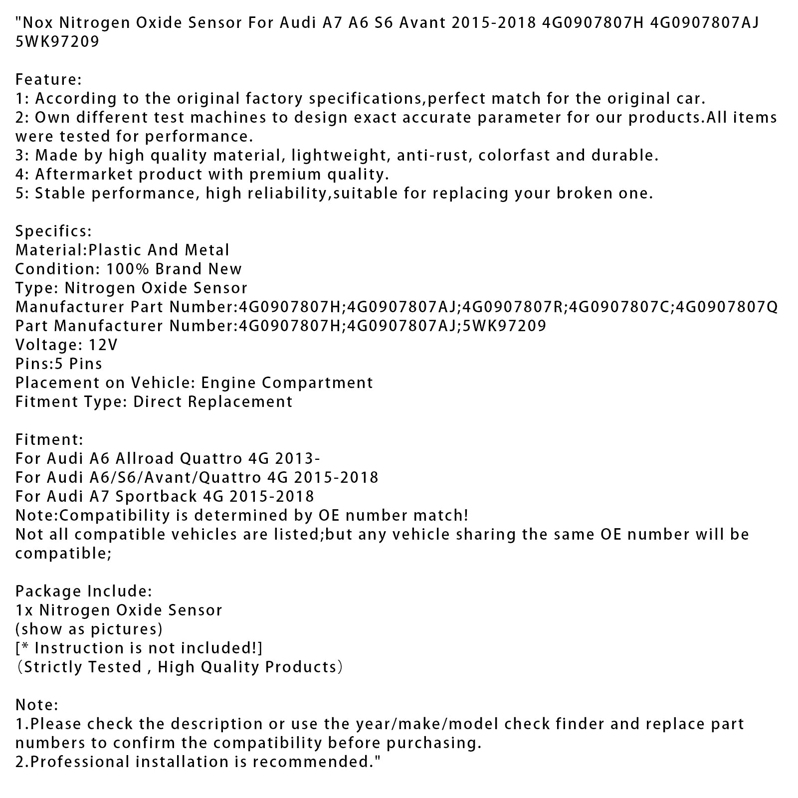 Nox Nitrogen Oxide Sensor For Audi A7 A6 S6 Avant 15-18 4G0907807H 4G0907807AJ