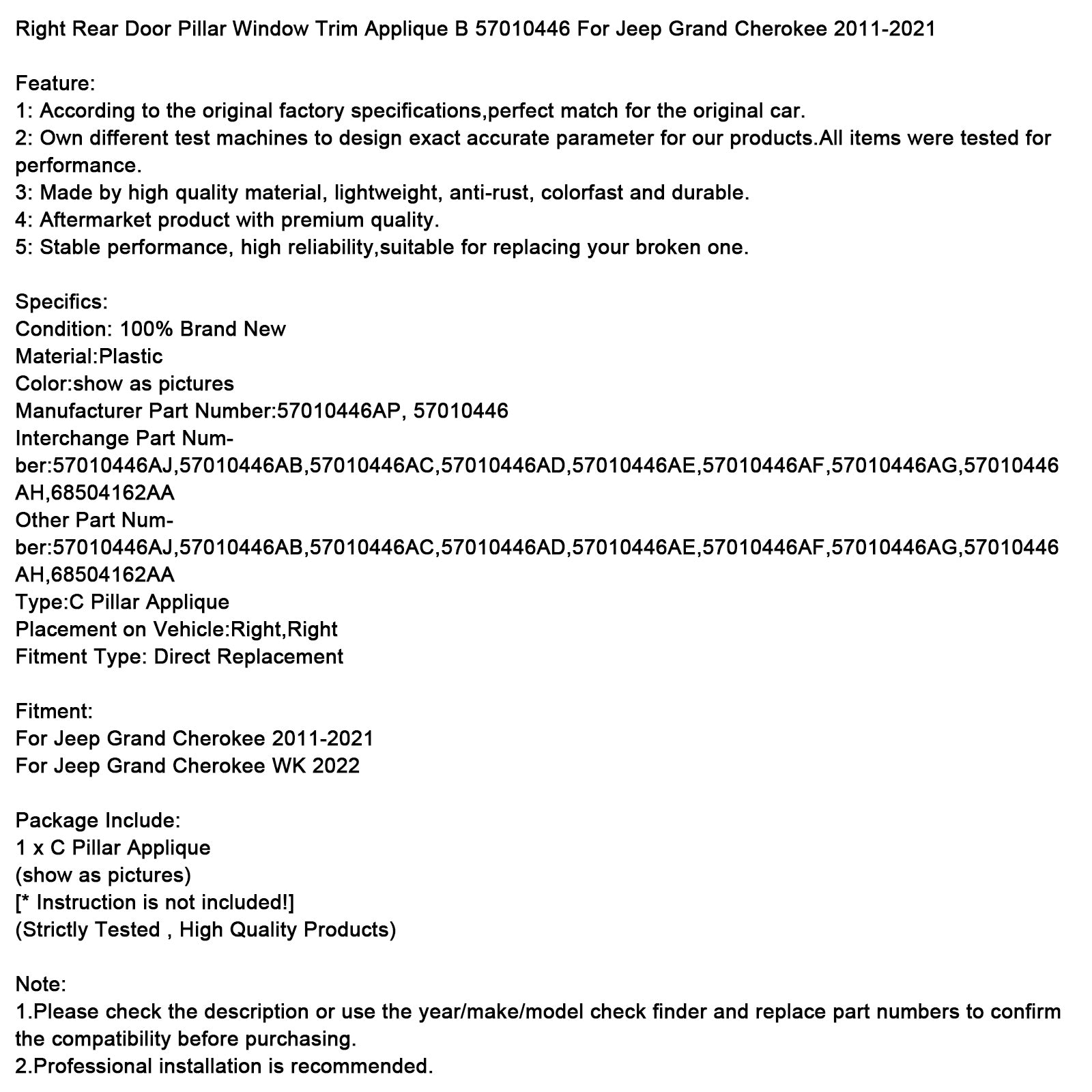 Right Rear Door Pillar Window Trim Applique B 57010446 For Jeep Cherokee 2011-2021