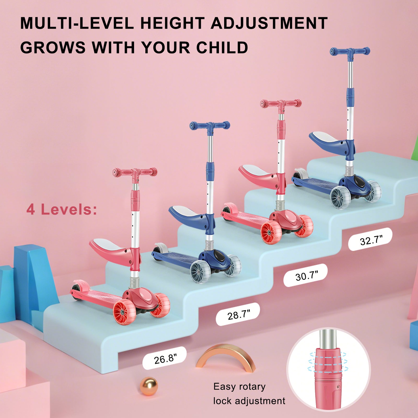 2-in-1 Kids Scooter Foldable Seat Light 3 Wheel Adjustable Folding Bar Blue/Pink