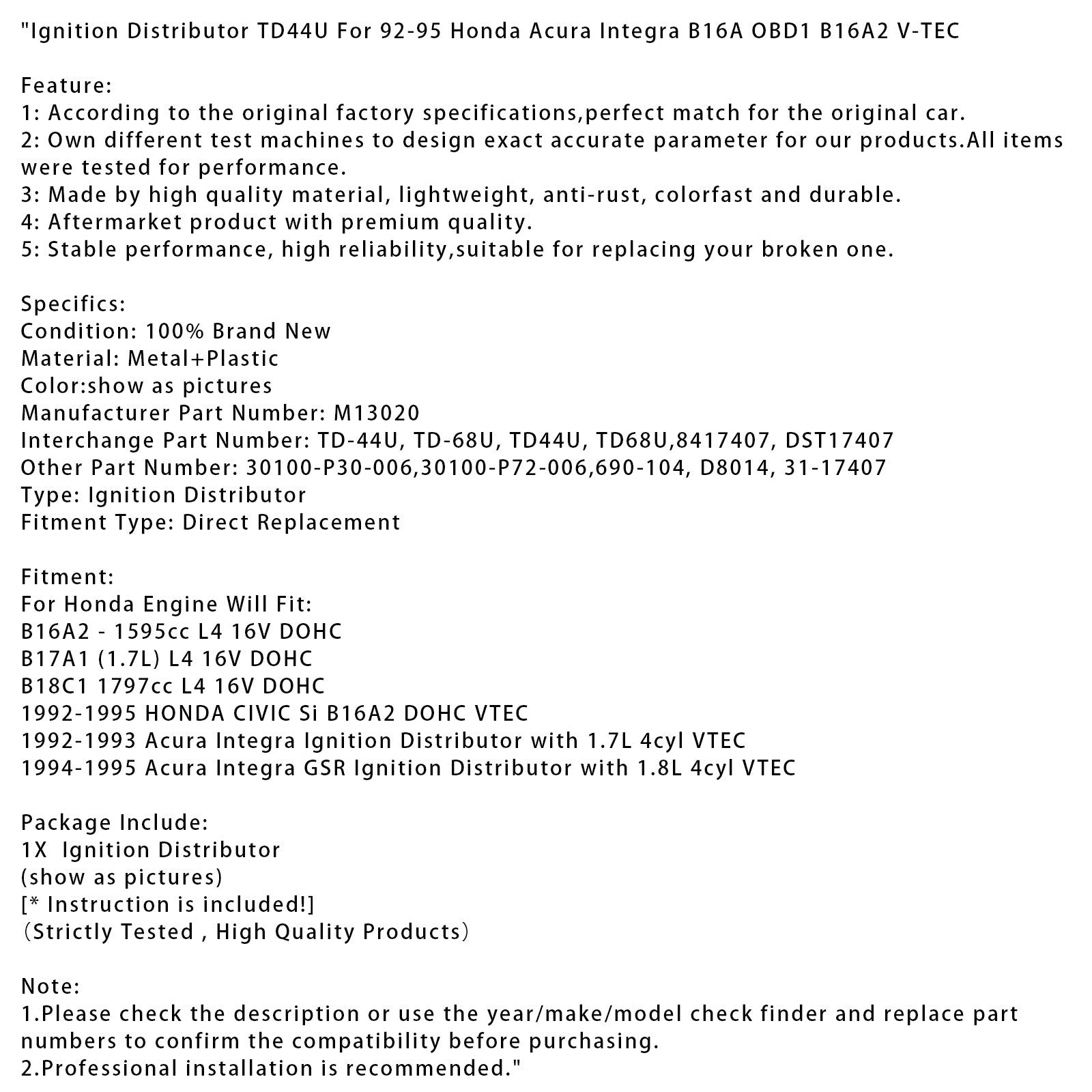 Ontstekingsverdeler TD44U voor 92-95 Honda Acura Integra B16A OBD1 B16A2 V-TEC