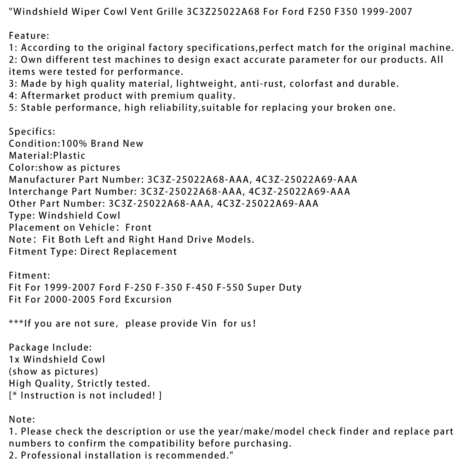 Windshield Wiper Cowl Vent Grille 3C3Z25022A68 para Ford F250 F350 1999-2007