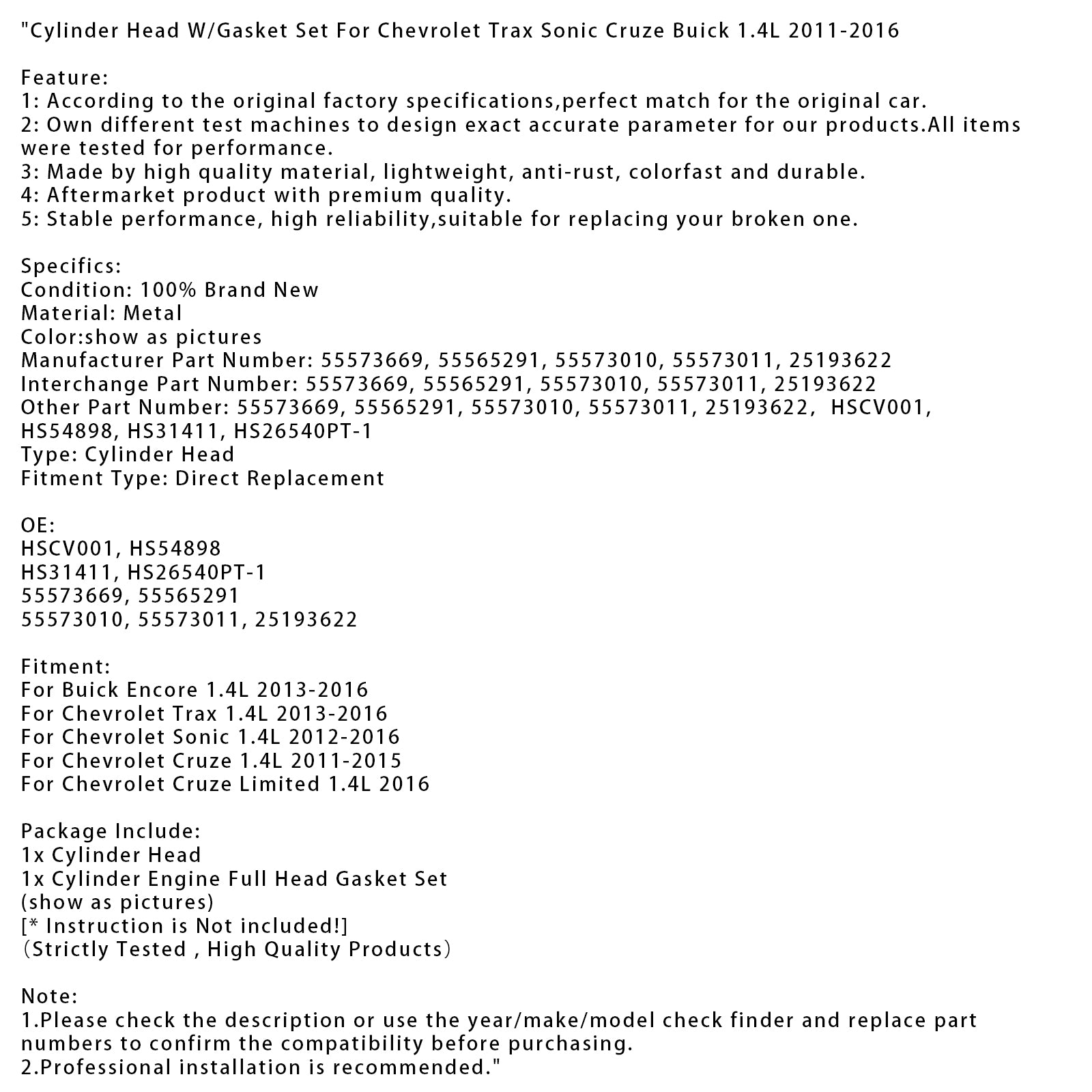 Cylinder Head W/Gasket Set For Chevrolet Trax Sonic Cruze Buick 1.4L 2011-2016