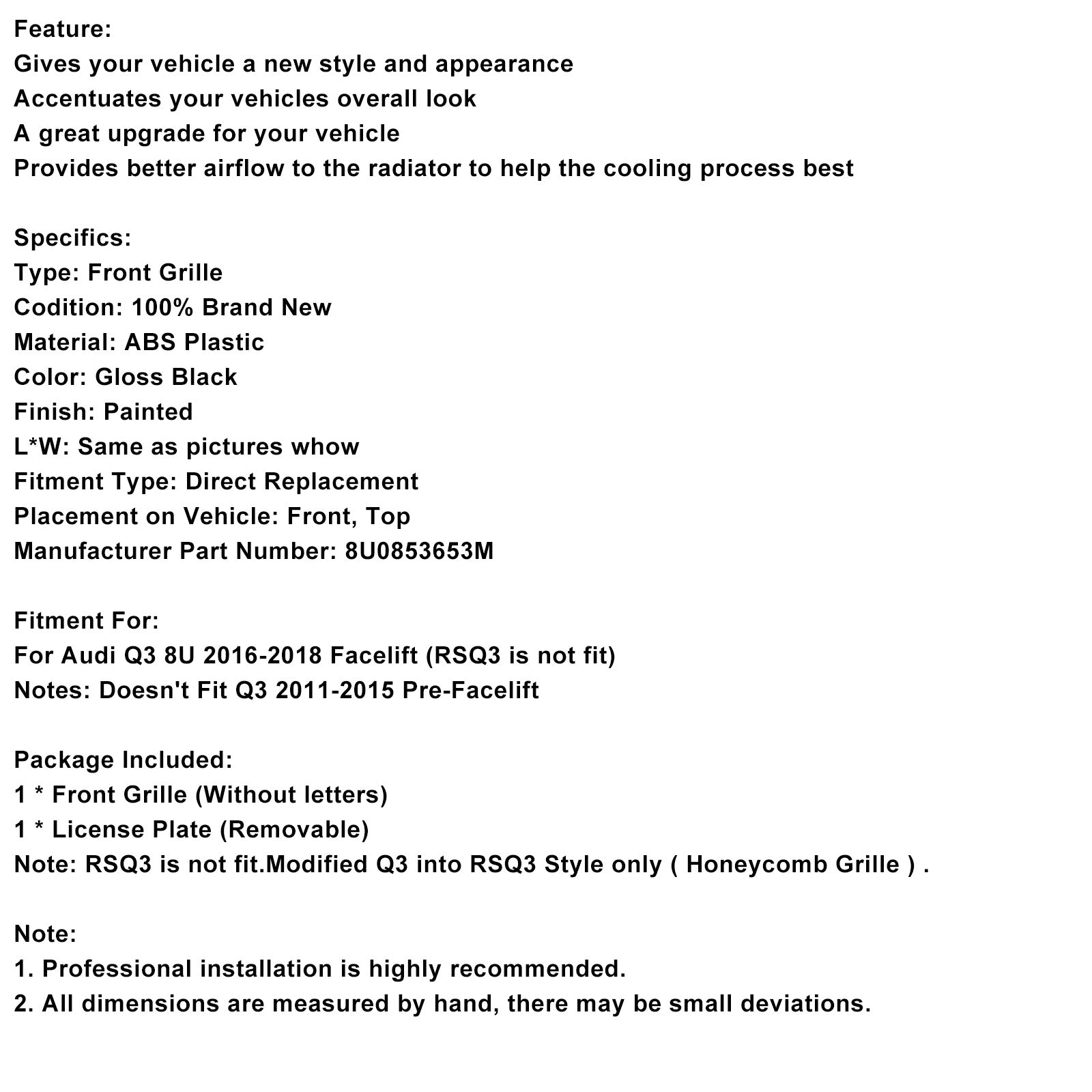 RSQ3 Style Front Honeycomb Grille Grill Fit Audi Q3 2016-2018 Gloss Black