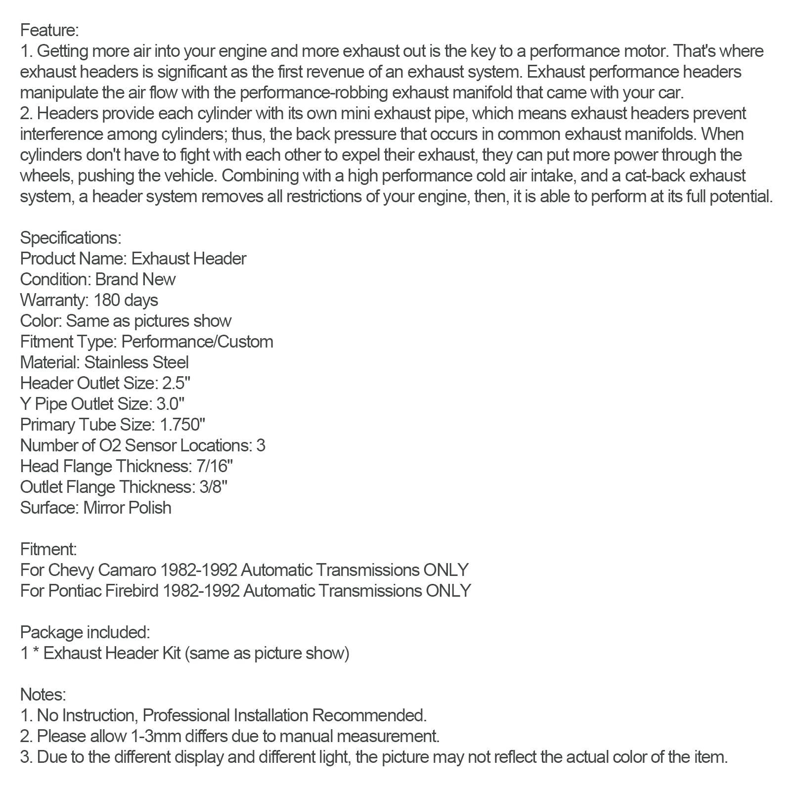 Cabecera de escape para Chevy Camaro Fit Firebird 5.0L 5.7L 1982-1992 V8 tubo largo