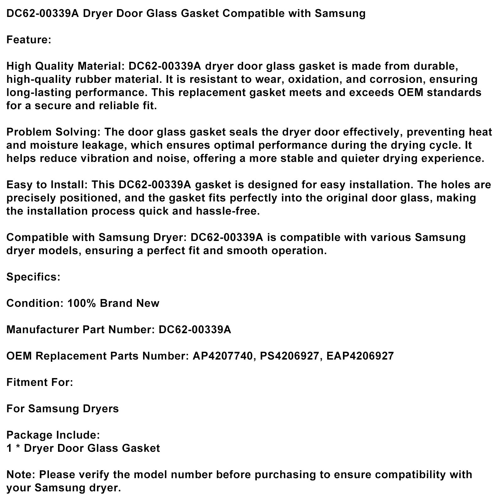Tørketrommel Dørglasspakning DC62-00339A Kompatibel med Samsung