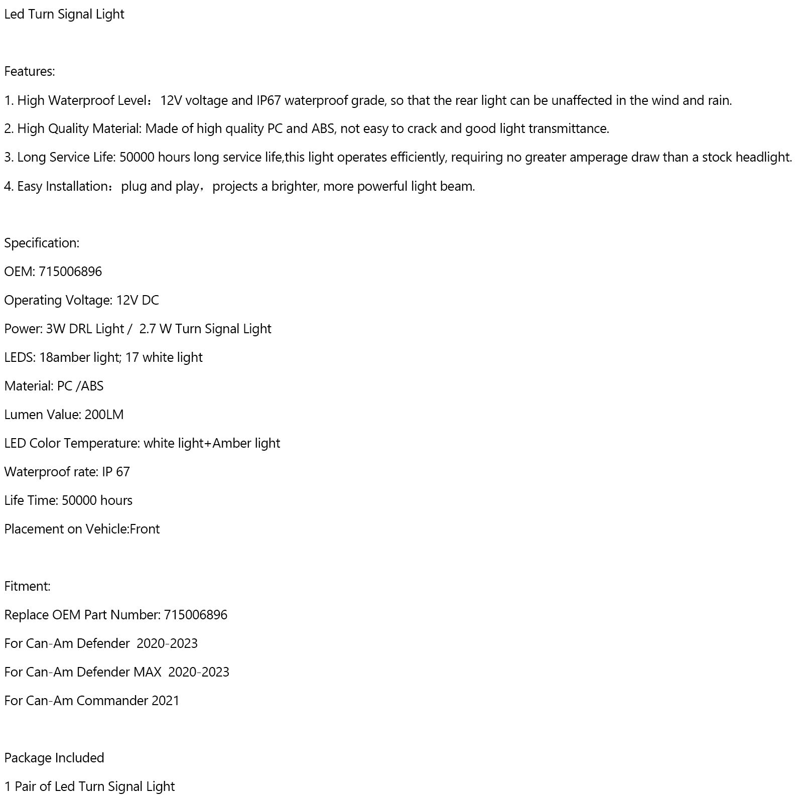 2020-2023 Can-Am Defender Max LED intermitentes delanteros luz de circulación diurna