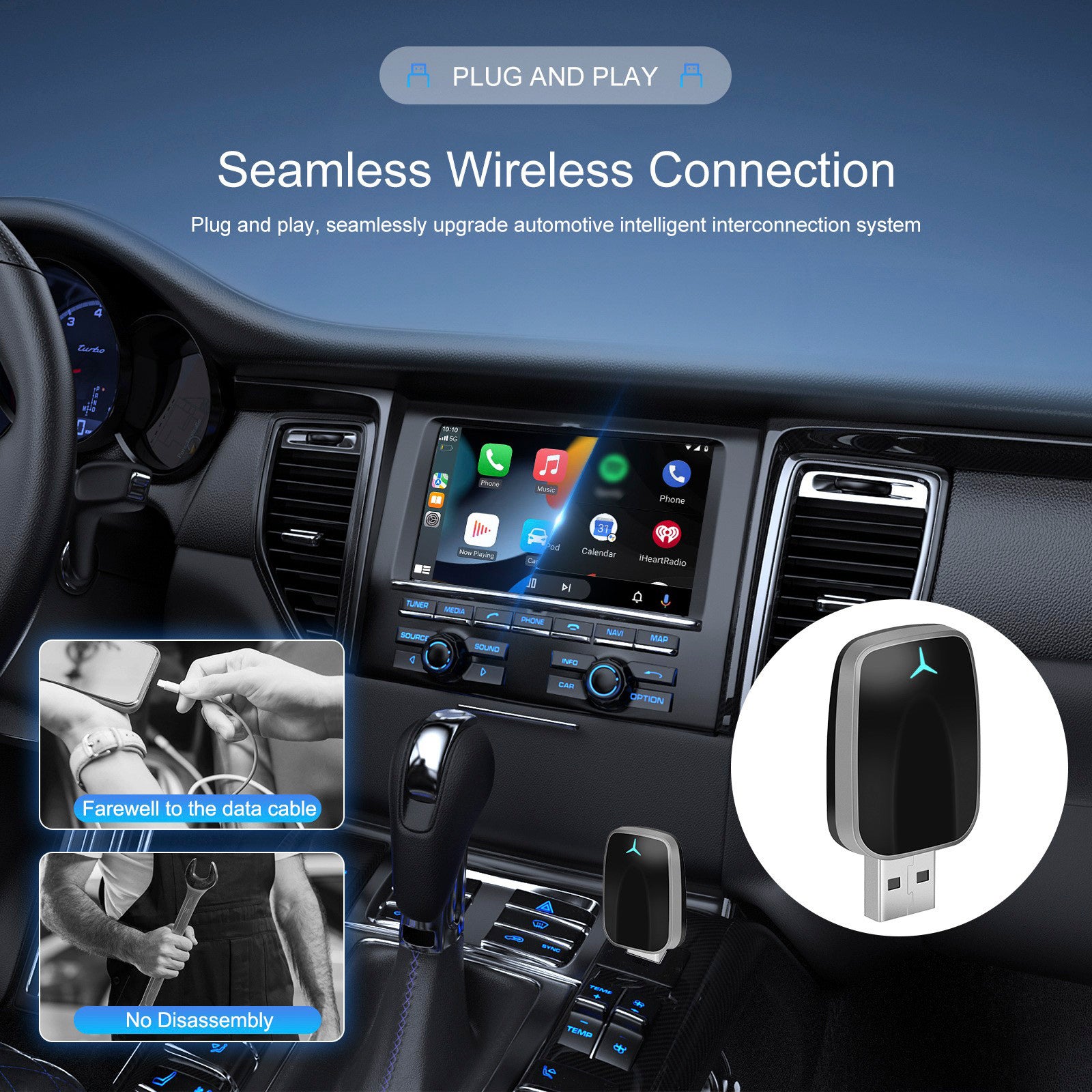 2 i 1 USB Car Dongle Connect Box Trådlös Apple Carplay Android Auto Adapter