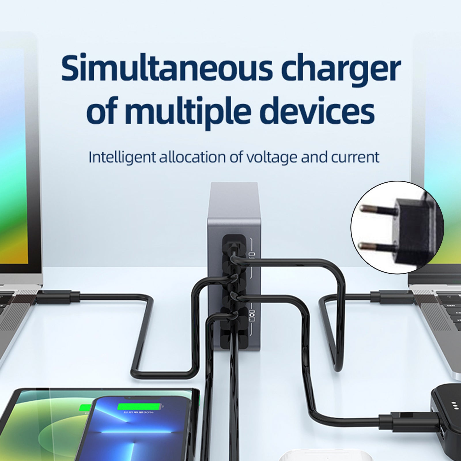 F8A Desktop Charging Station USB 6-Port Fast Charger PD100W ladestativ Smart lader EU-plugg