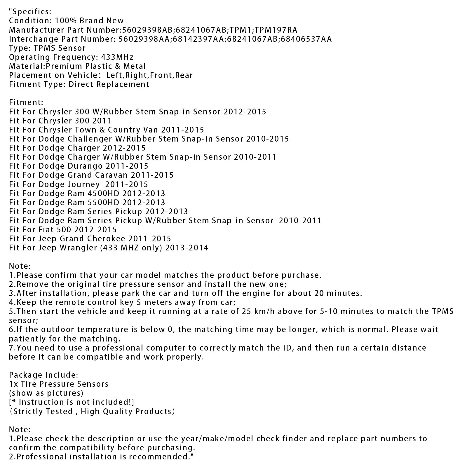 1X TPMS bandenspanningsensor voor Dodge Jeep Chrysler RAM 56029398AB