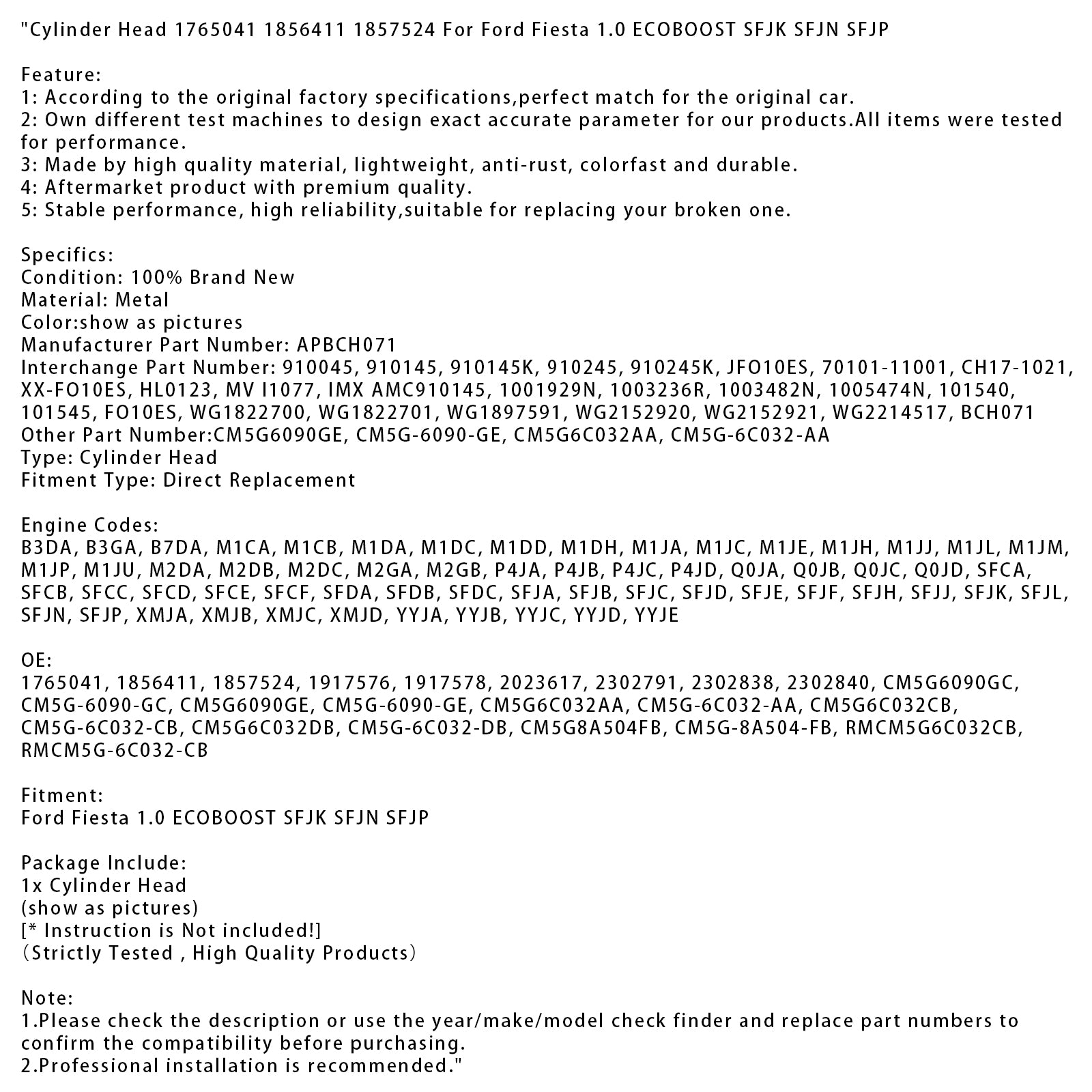 Cilinderkop 1765041 1856411 1857524 voor Ford Fiesta 1.0 ECOBOOST SFJK SFJN