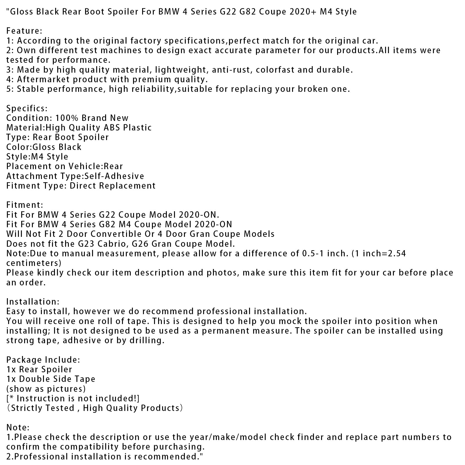 Gloss Black Rear Boot Spoiler For BMW 4 Series G22 G82 Coupe 2020+ M4 Style