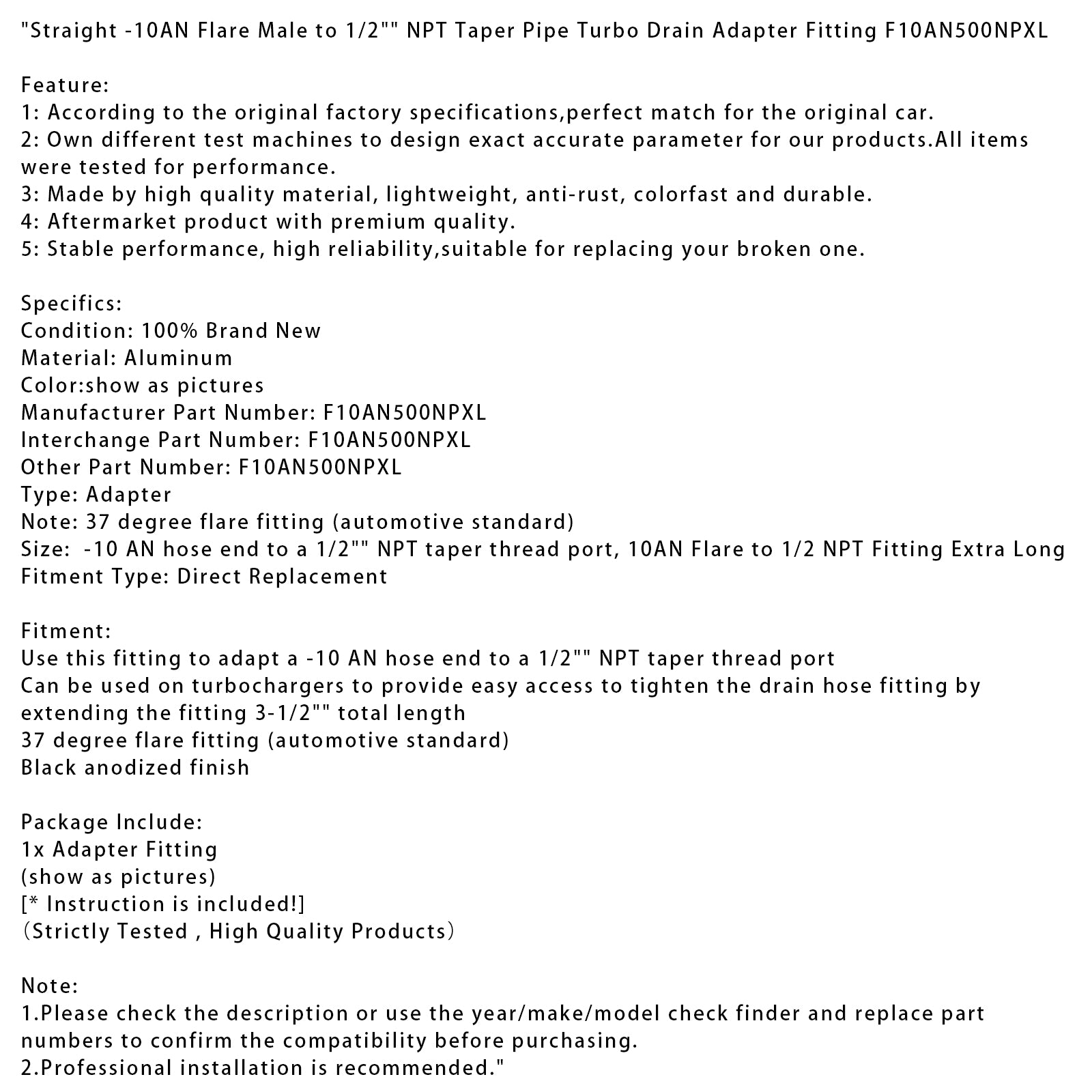 Droit -10AN Flare Mâle vers 1/2" Raccord adaptateur de vidange turbo pour tuyau conique NPT